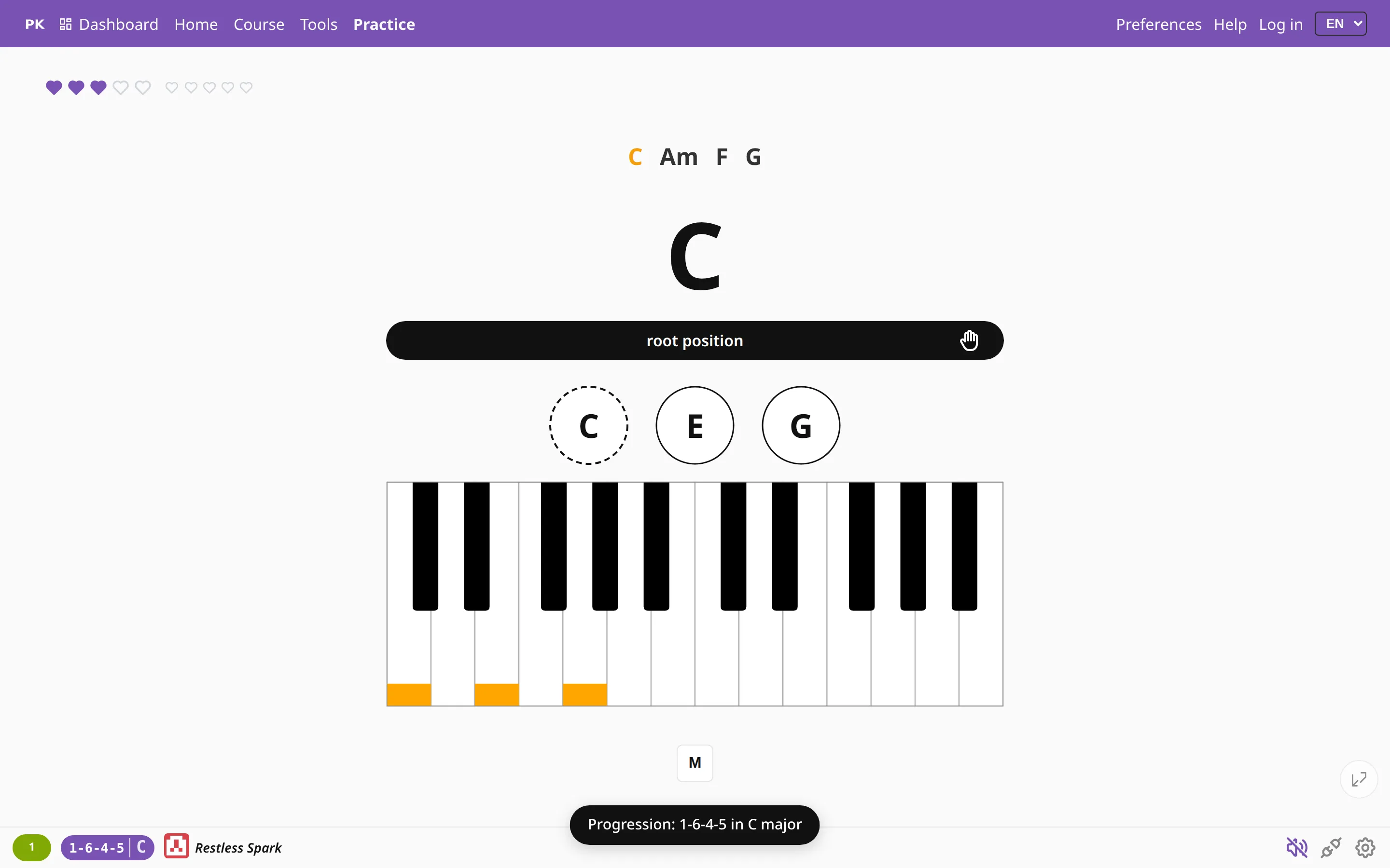 The practice screen with the chord chart and the loop counter in the bottom bar.