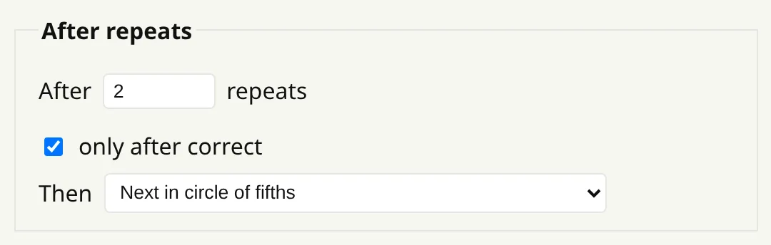 The After repeats section on the Scales tab: after 2 repeats, only after correct, then the next key round the circle of fifths.