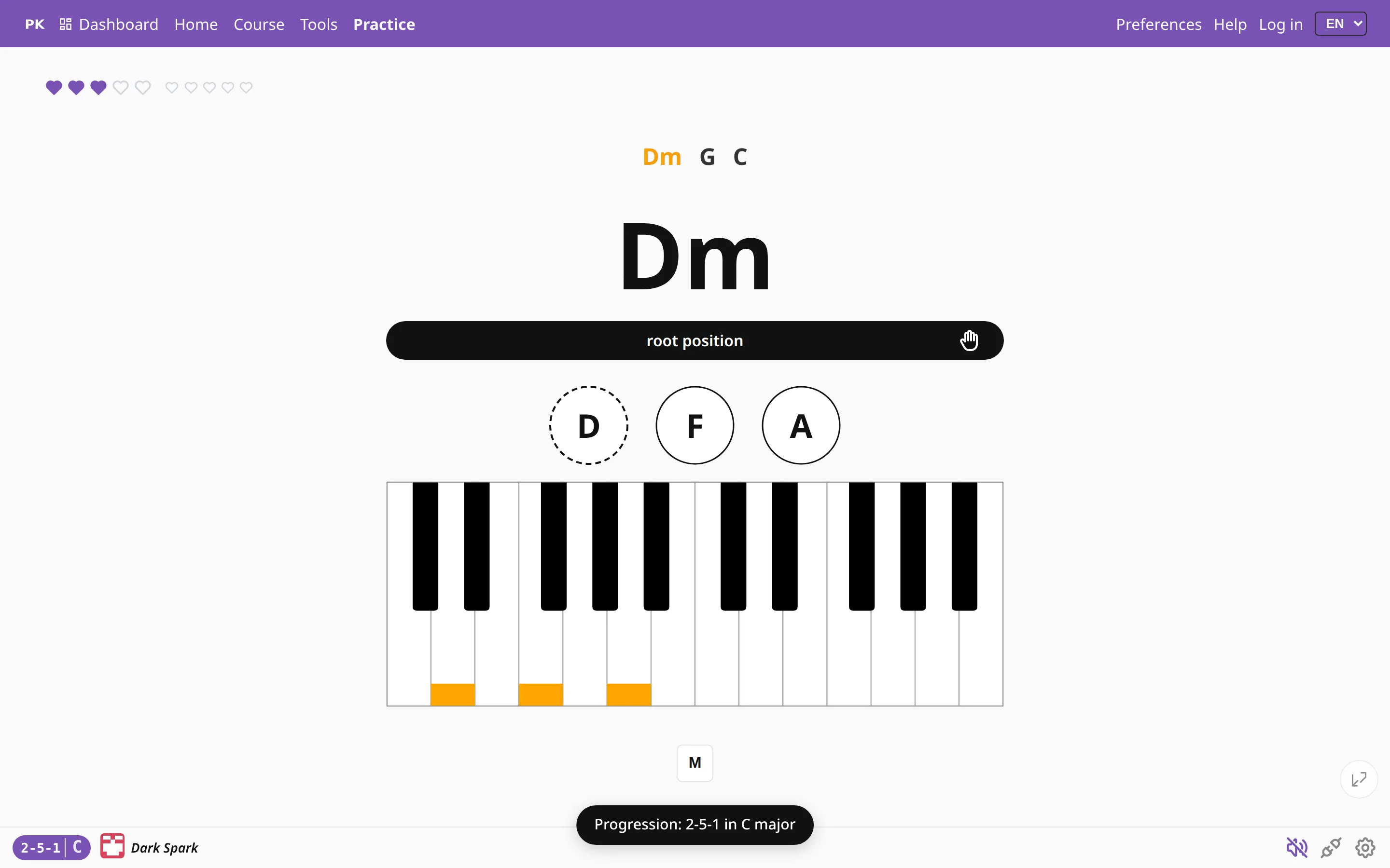 The practice screen with the chart Dm G C and the badge reading 2-5-1 in C.