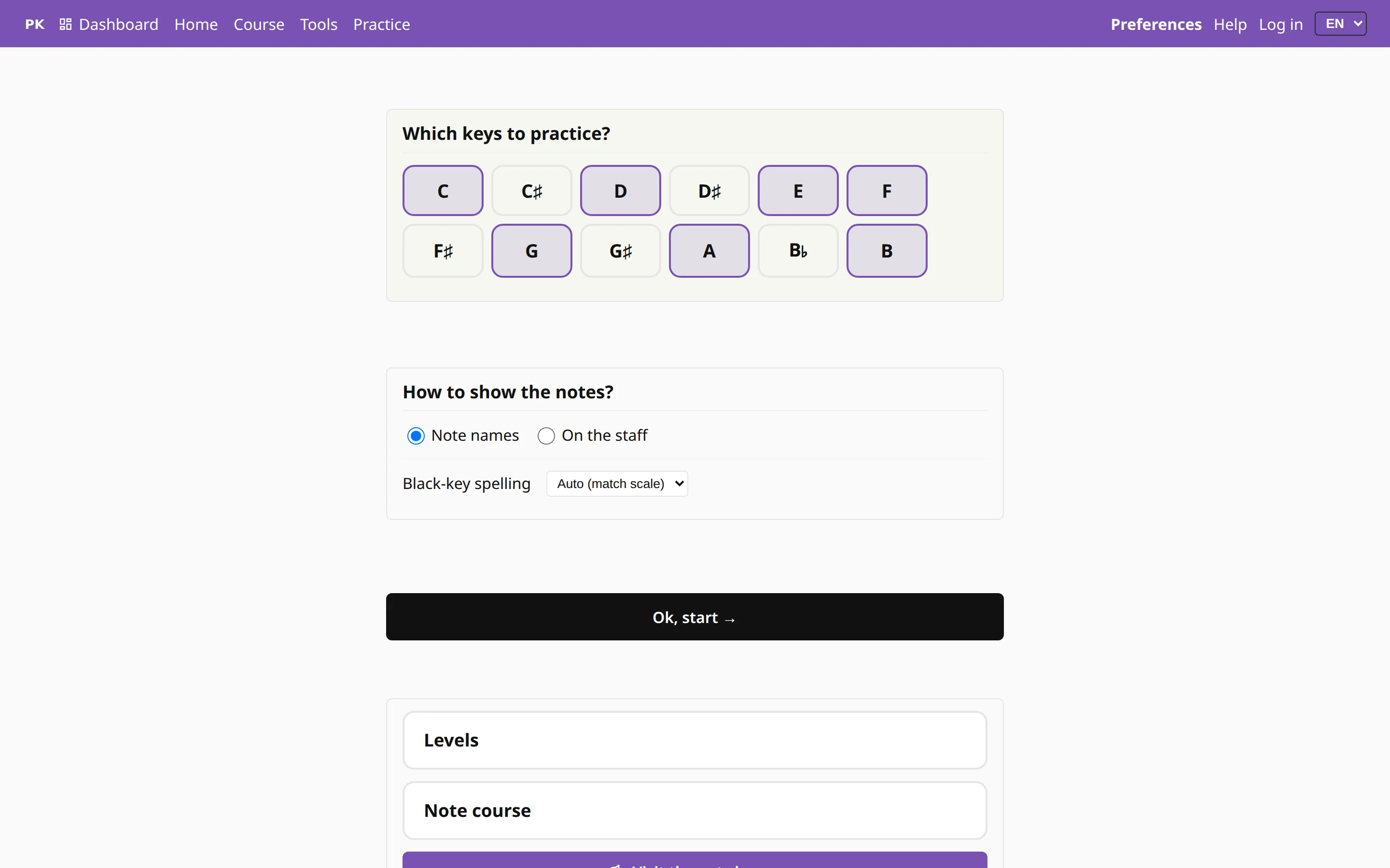 The baby-mode preferences page: which keys to practice, how to show the notes, and big links.