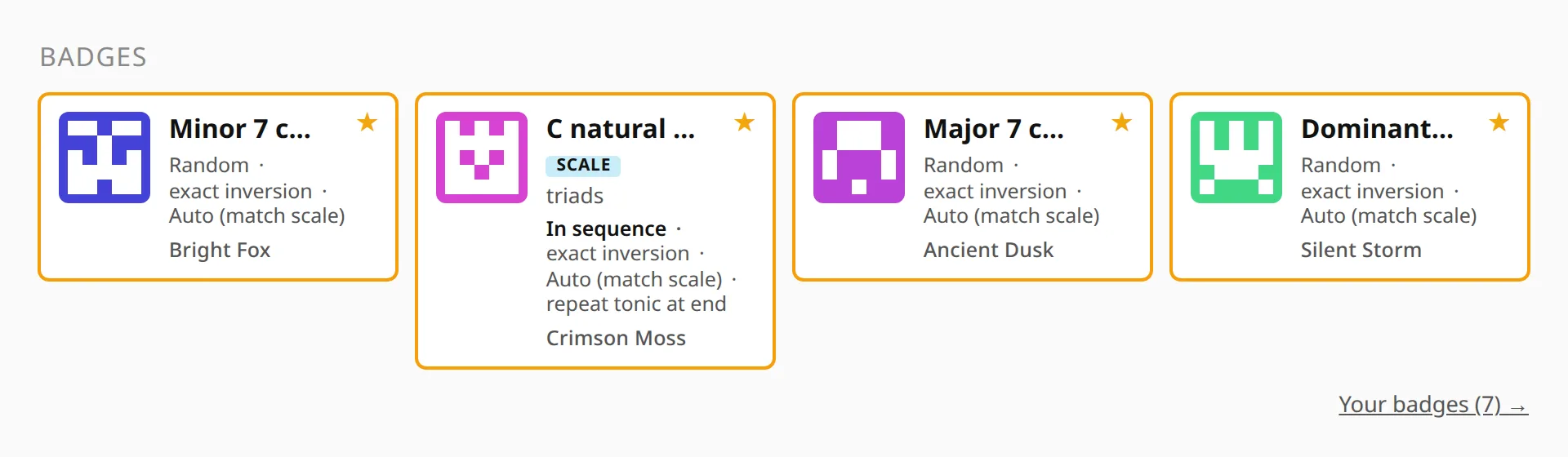 The badges strip on the dashboard: four exercise cards with orange frames and stars, and a link to all seven badges.
