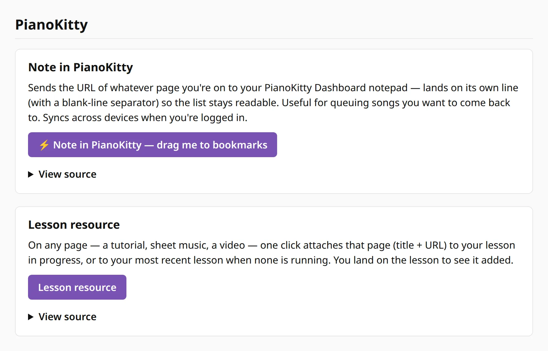 The bookmarklets page with the Lesson resource button to drag to the bookmarks bar.