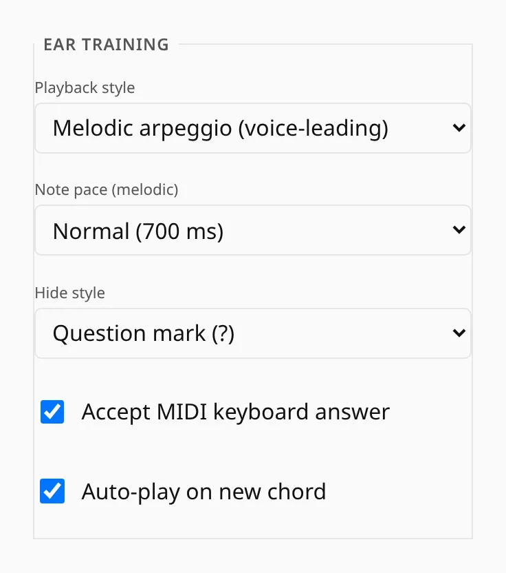 The ear-training playback settings: harmonic or melodic, with a note pace.