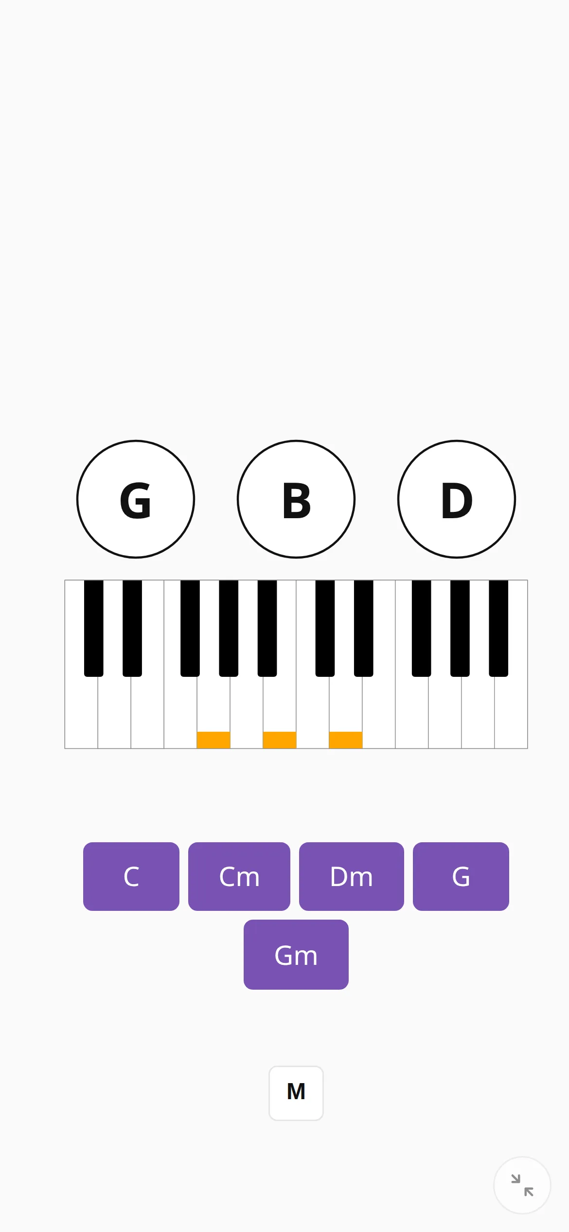 A naming quiz on a phone: a chord shown on the keyboard and buttons to pick its name.