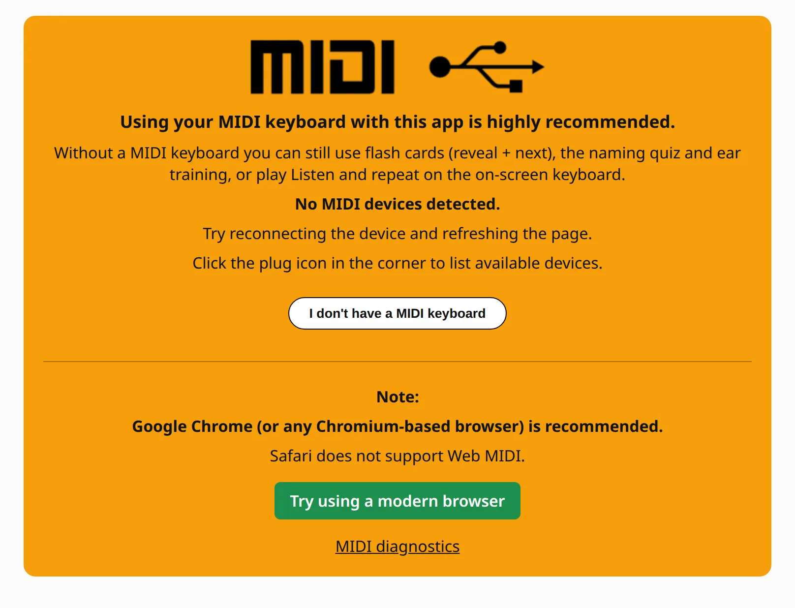 The same notice in Safari, adding that Safari does not support Web MIDI and recommending Chrome.