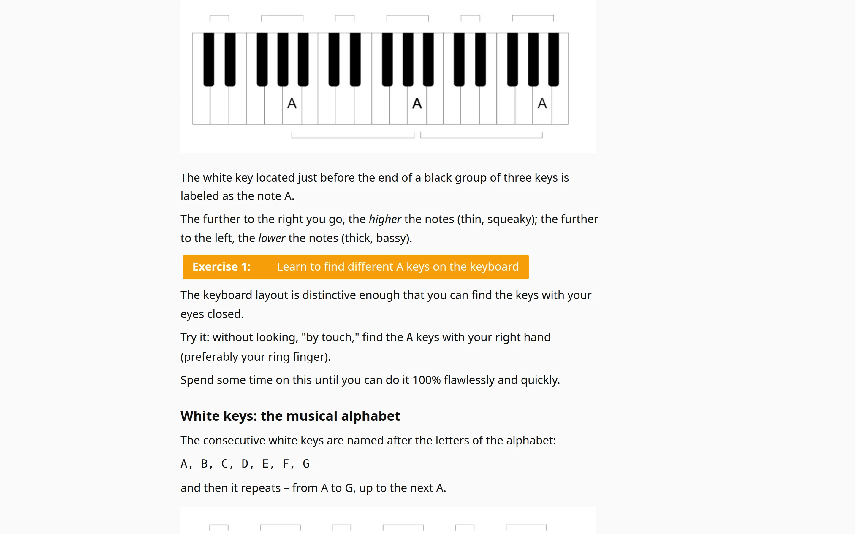 A course paragraph about the A keys, and the orange Exercise 1 button beneath it, completed.