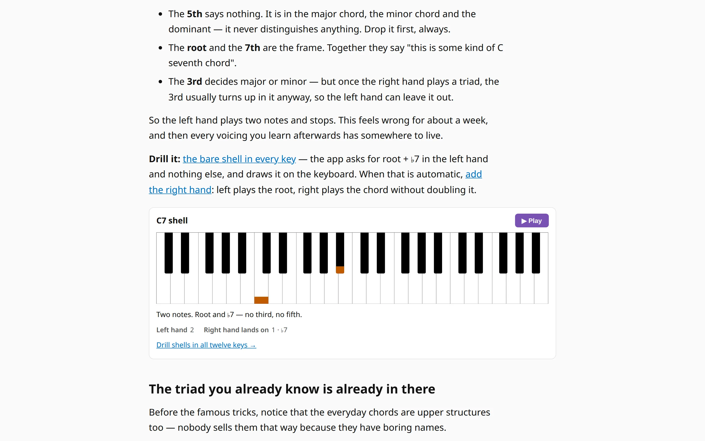 The upper-structures tutorial: an explanation of shell voicings and a C7 shell drawn on a keyboard with a Play button.