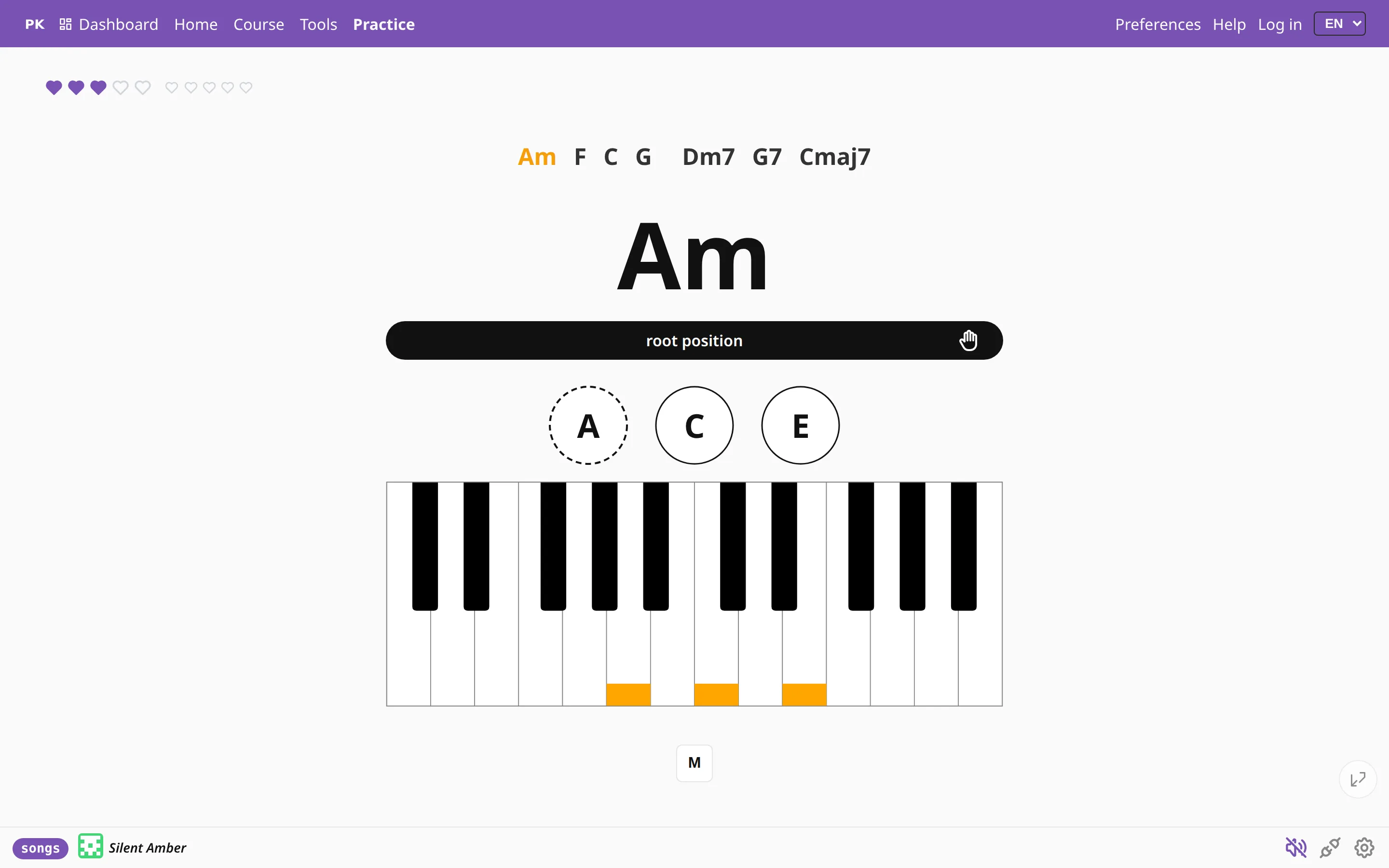 The practice screen playing the custom chord list, with the chart on the left.