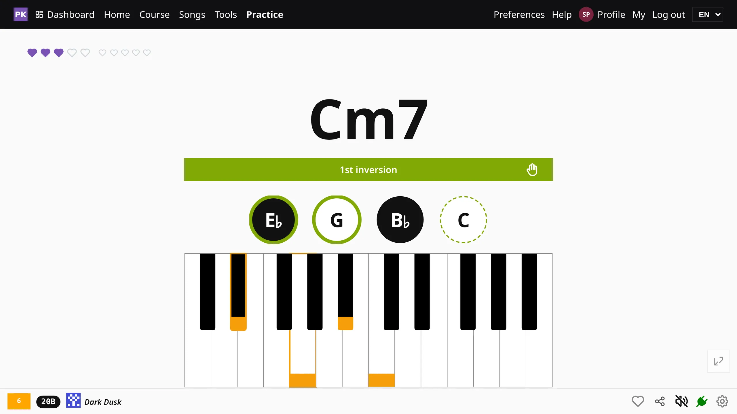 The practice screen with a chord question and the piano keyboard hint.