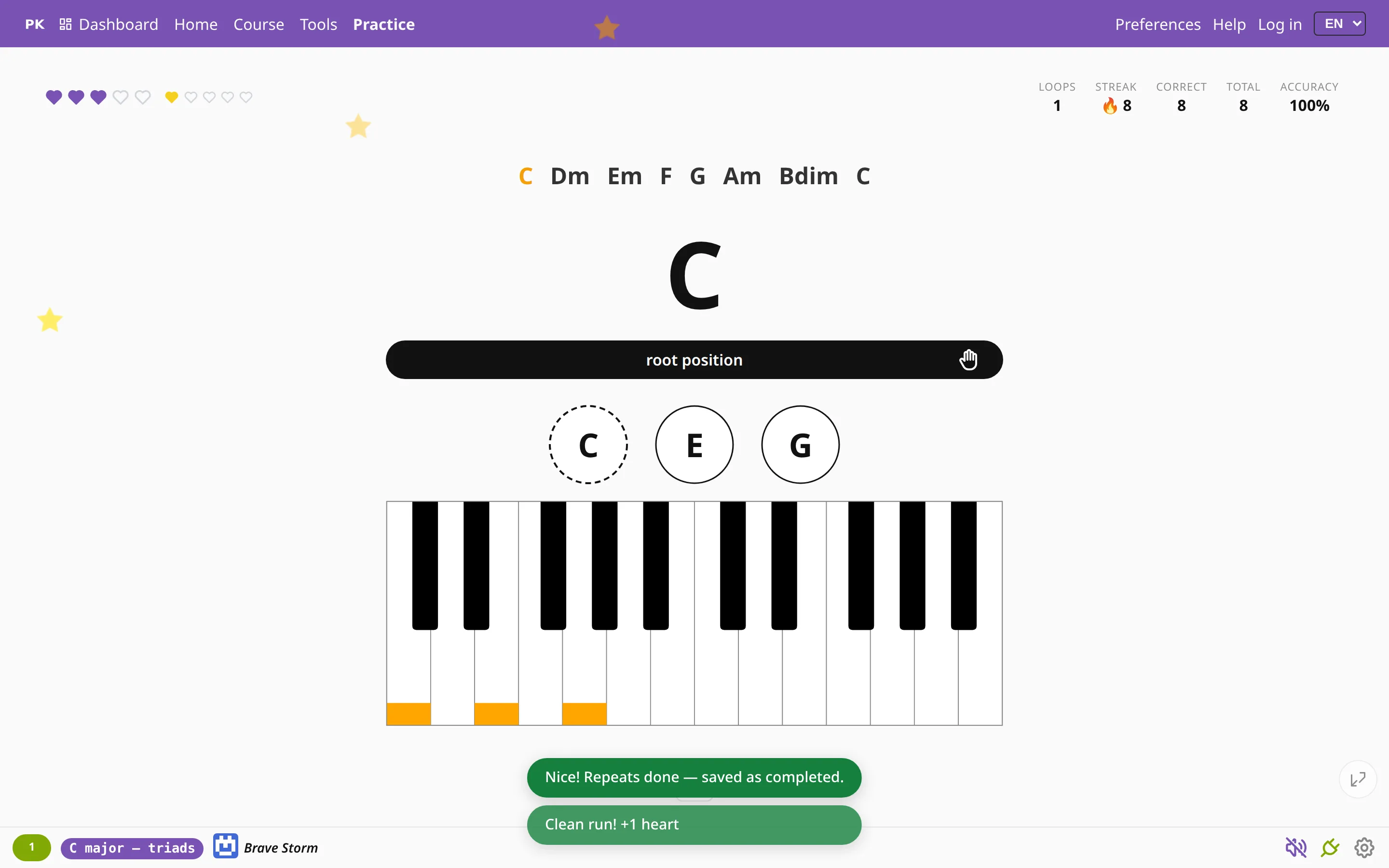 The practice screen after a clean pass of the C major scale in triads, with the Loops counter at 1 in the stats row.
