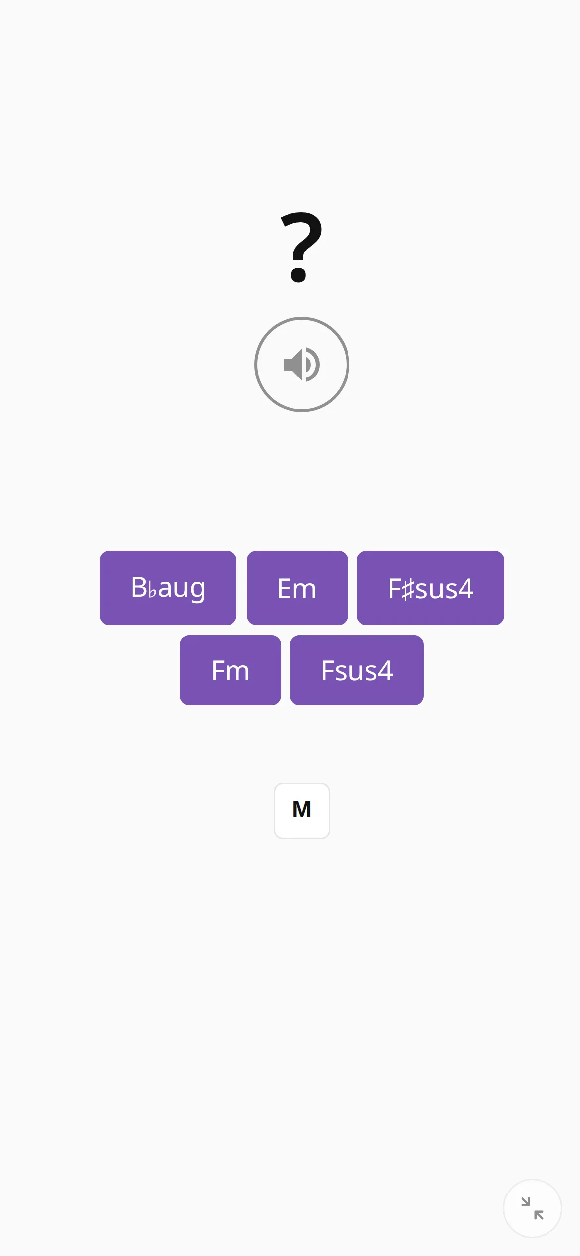 Ear training on a phone: the question mark and a column of chord-name buttons.