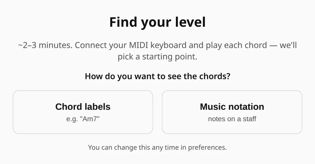 The assessment start card: two or three minutes, and a choice between chord labels and music notation.