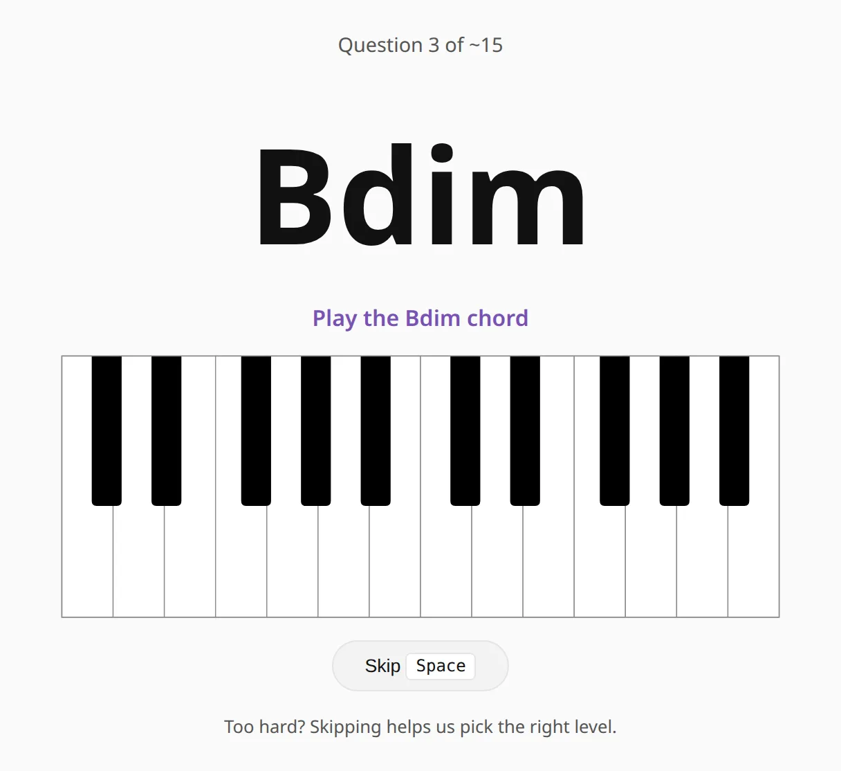 A question during the assessment: a chord name, an instruction and a keyboard, with a Skip button.