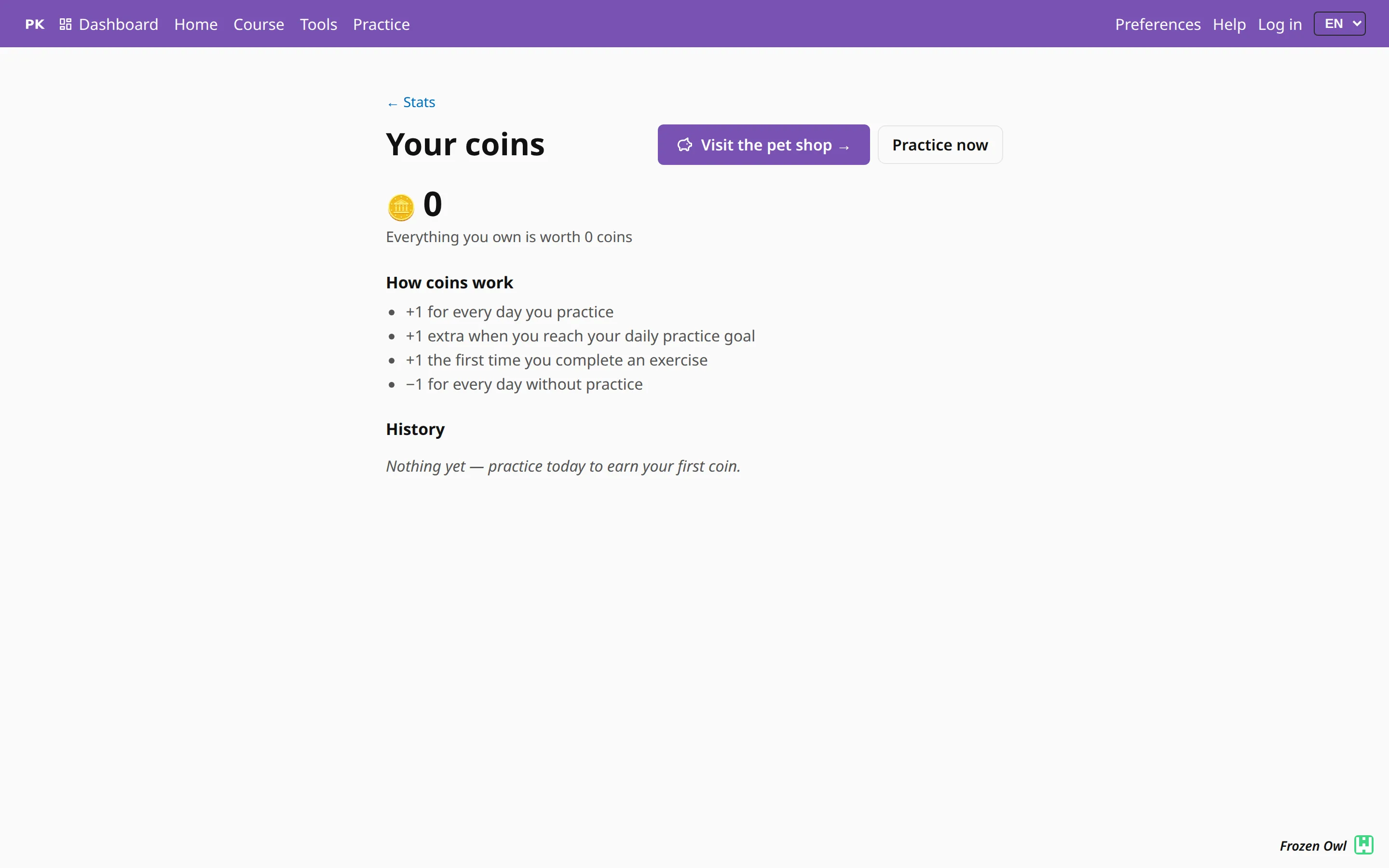 The coins page explaining how coins are earned.