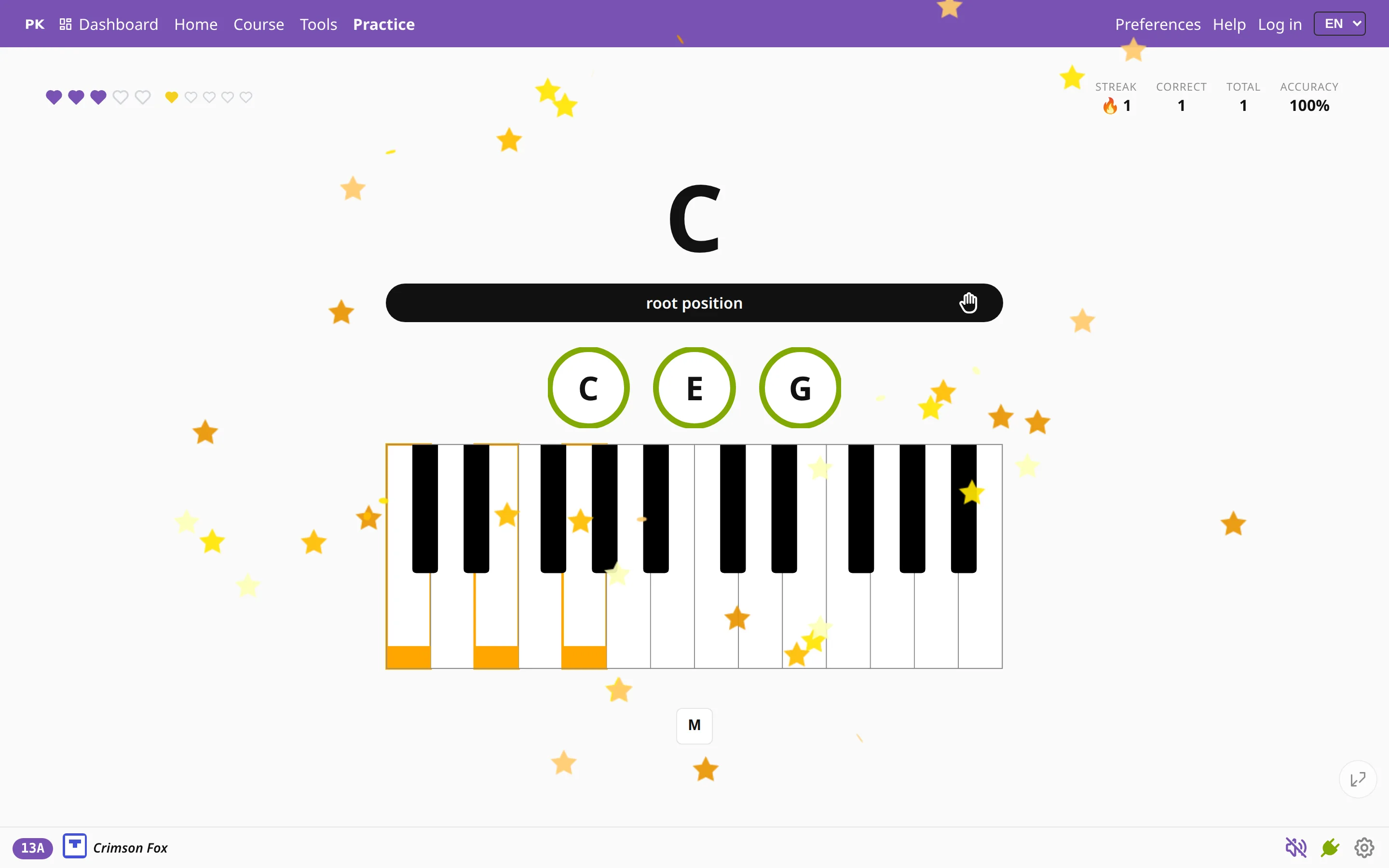 The practice screen with a confetti burst over a correct answer.