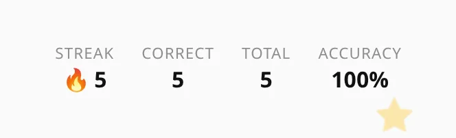 The run statistics: correct, total, streak, accuracy.