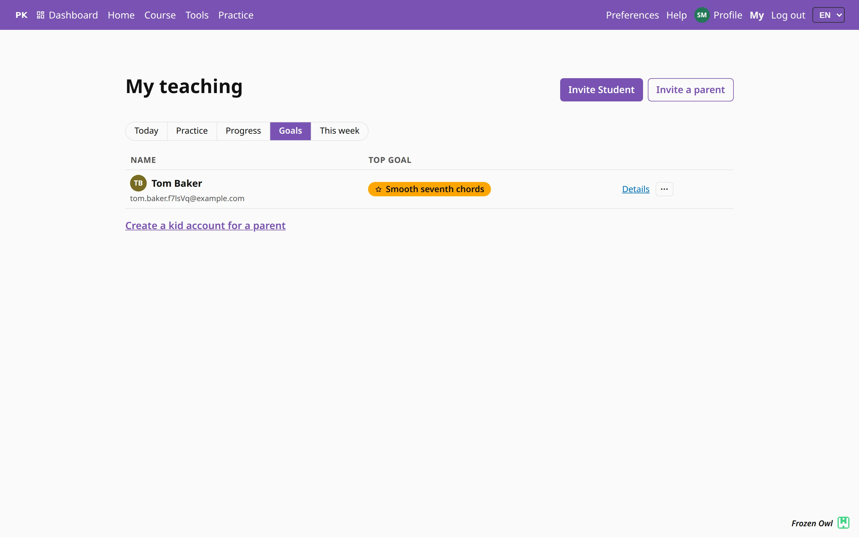 The teacher’s roster in the Goals view: each student with their top goal.