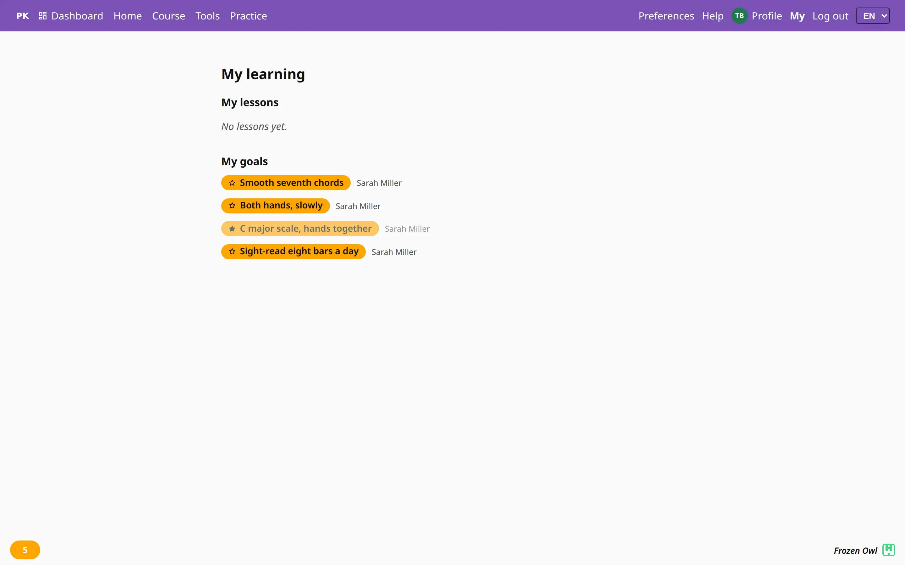 The student’s My learning page: four goals as chips, the perfected one muted with a filled star, each with the teacher’s name.