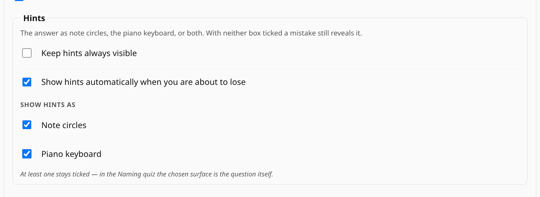 The hints settings: keep hints always visible, show them when about to lose, and the two hint types.