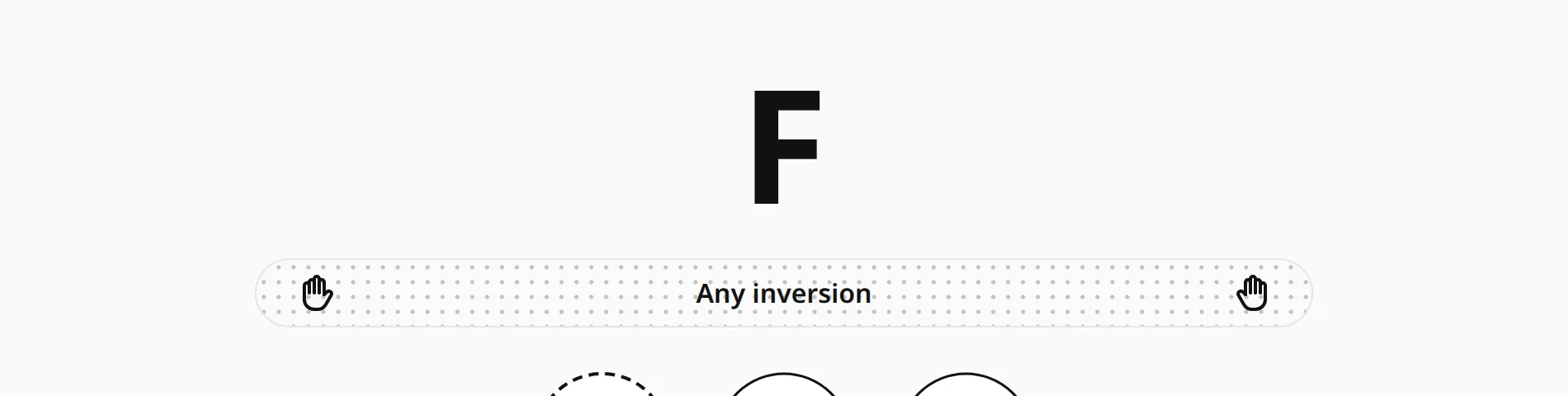 F major with a dotted "Any inversion" bar and a hand icon at each end.