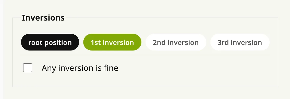 The Inversions setting: root position and 1st inversion selected, 2nd and 3rd not; an "Any inversion is fine" checkbox below.