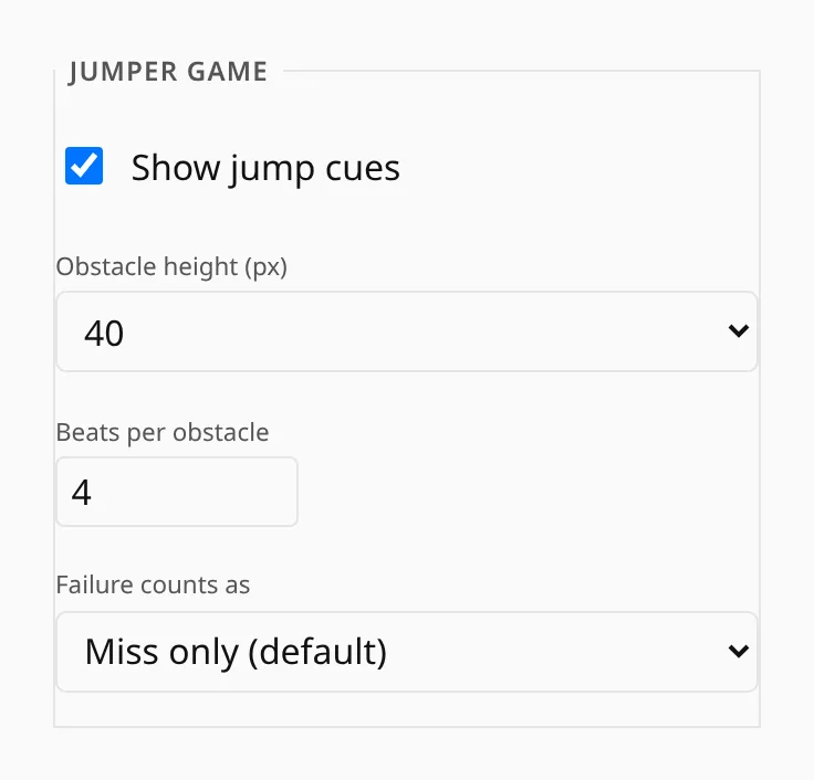 The jumper settings: jump cues, obstacle height, beats per obstacle, and what a failure counts as.