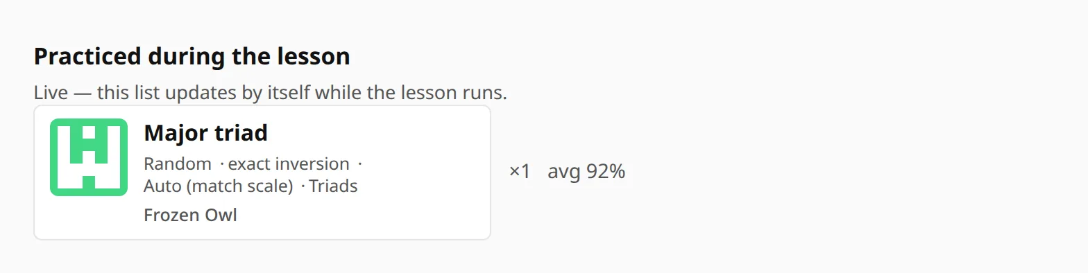 The practiced-during-the-lesson list: an exercise card with a play count and an average accuracy.