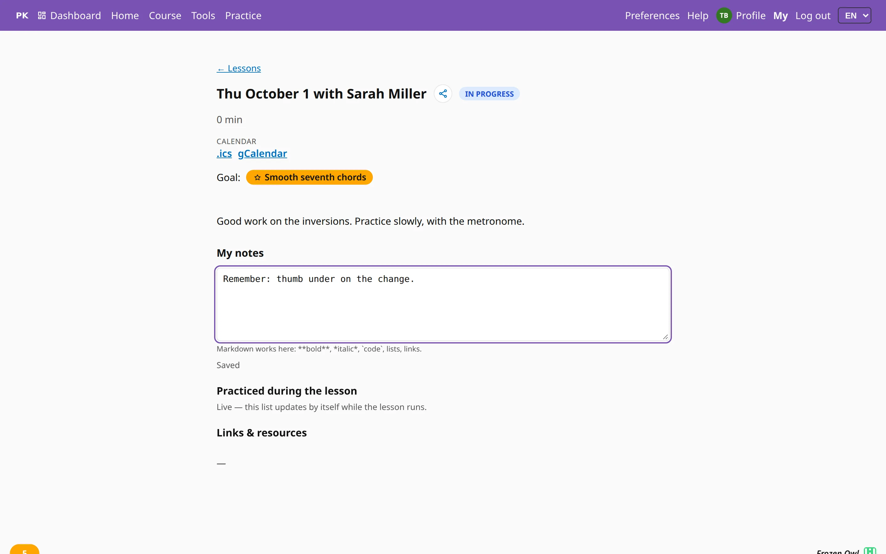 The lesson as the student sees it: the teacher's notes, and their own notes field below.