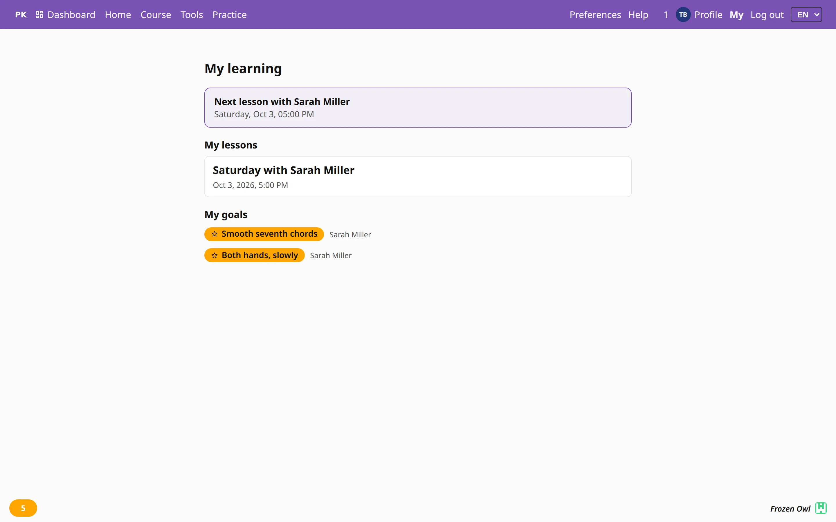 The student's learning hub, with the upcoming lesson and their goals.