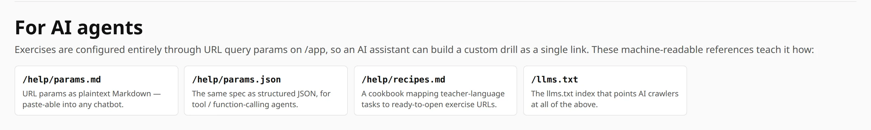The page for AI agents: four cards linking to the params reference in Markdown, the same in JSON, the recipes, and llms.txt.