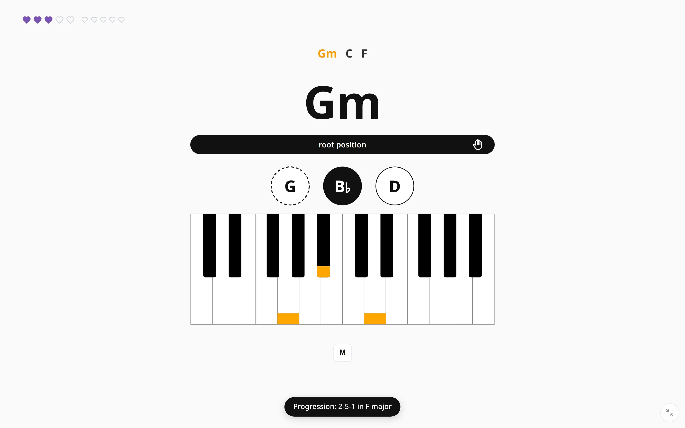 The practice screen opened from a link: a ii–V–I progression in F, Gm C F above the question, Gm asked in root position, and a note saying “Progression: 2-5-1 in F major”.