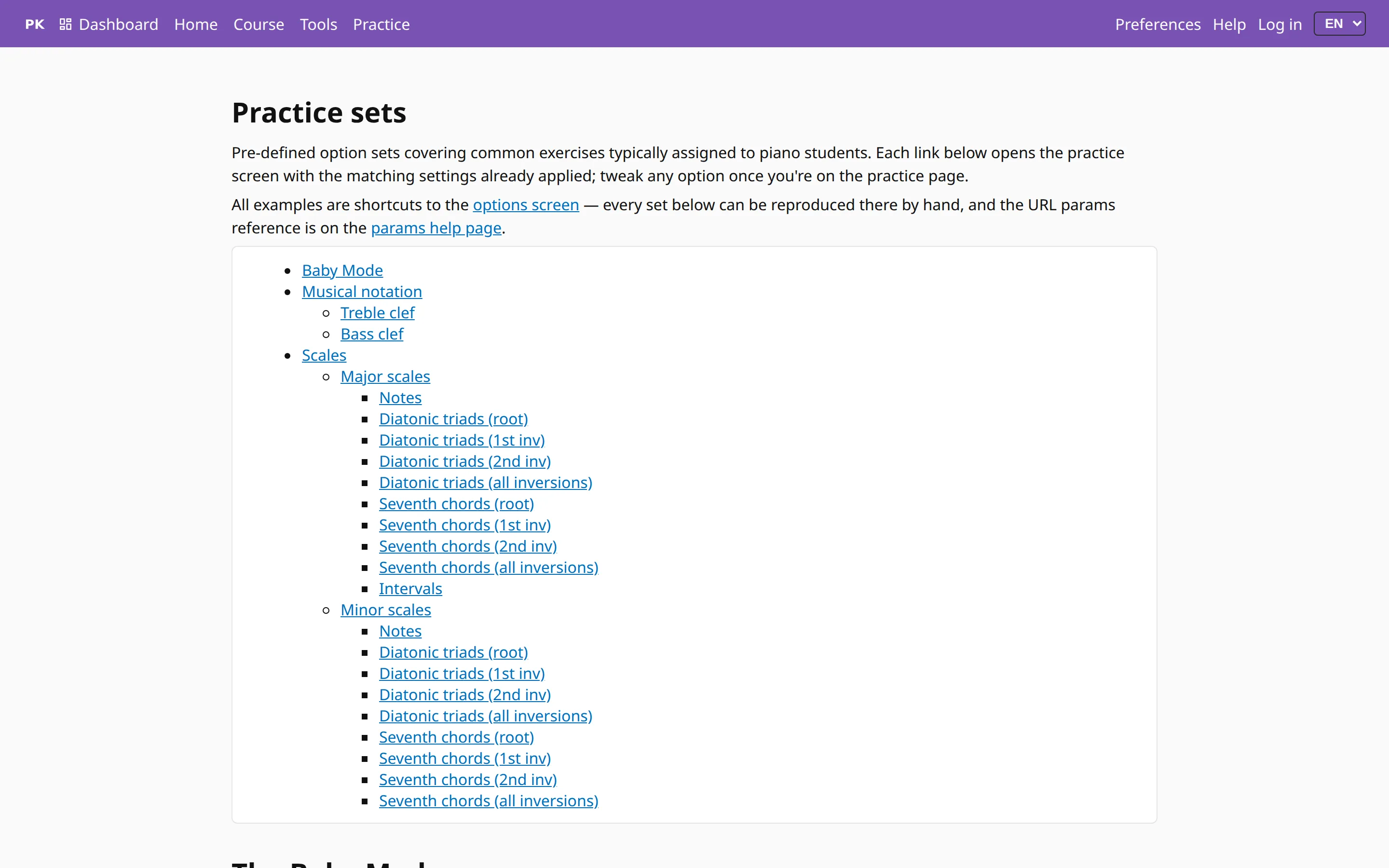 The practice sets page: a short introduction and a table of contents with Baby Mode, musical notation, and major and minor scales broken down into notes, triads, seventh chords and intervals.