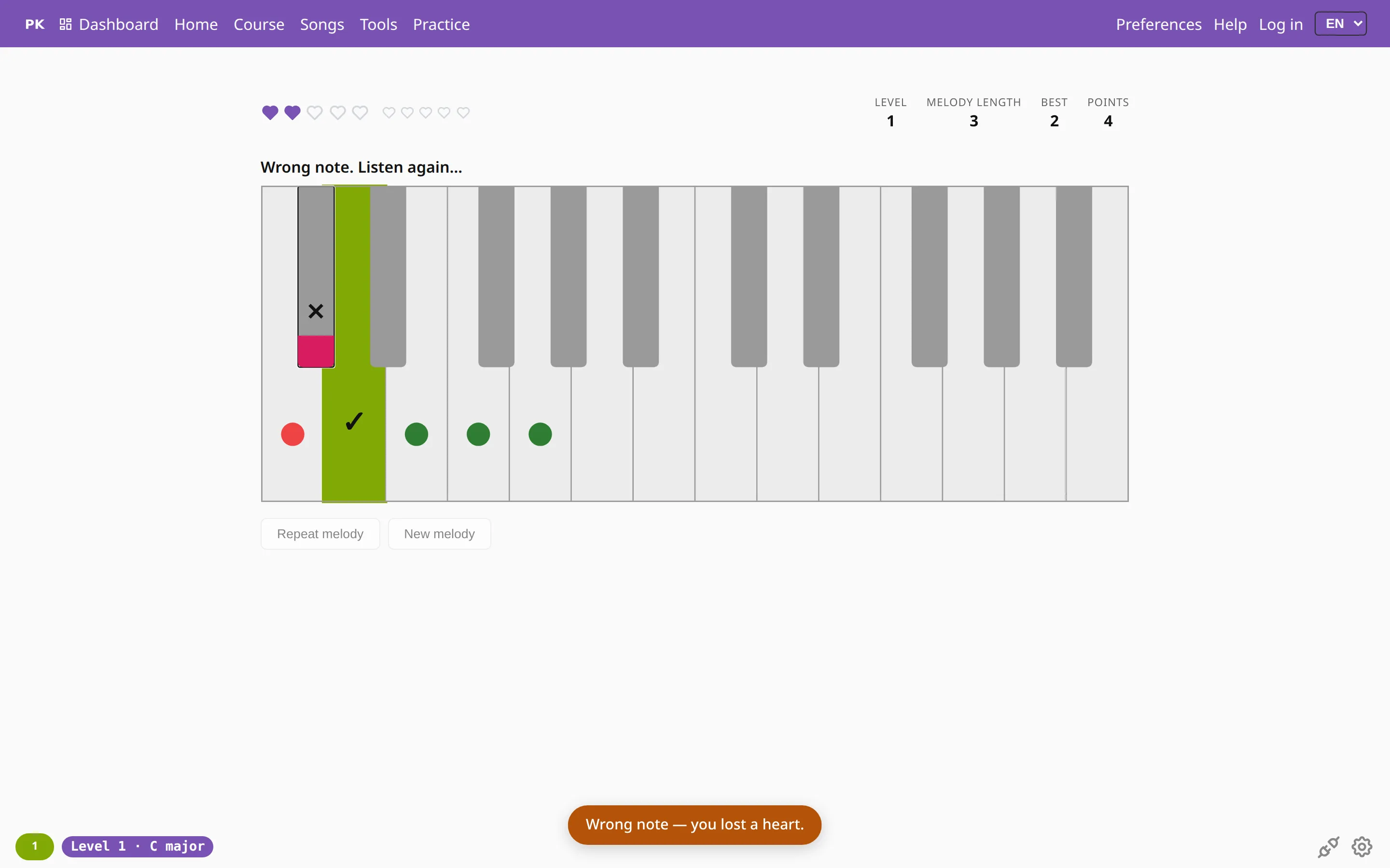 Listen and repeat on a desktop: a wrong note in a three-note melody, with the pressed key marked and the right key green.
