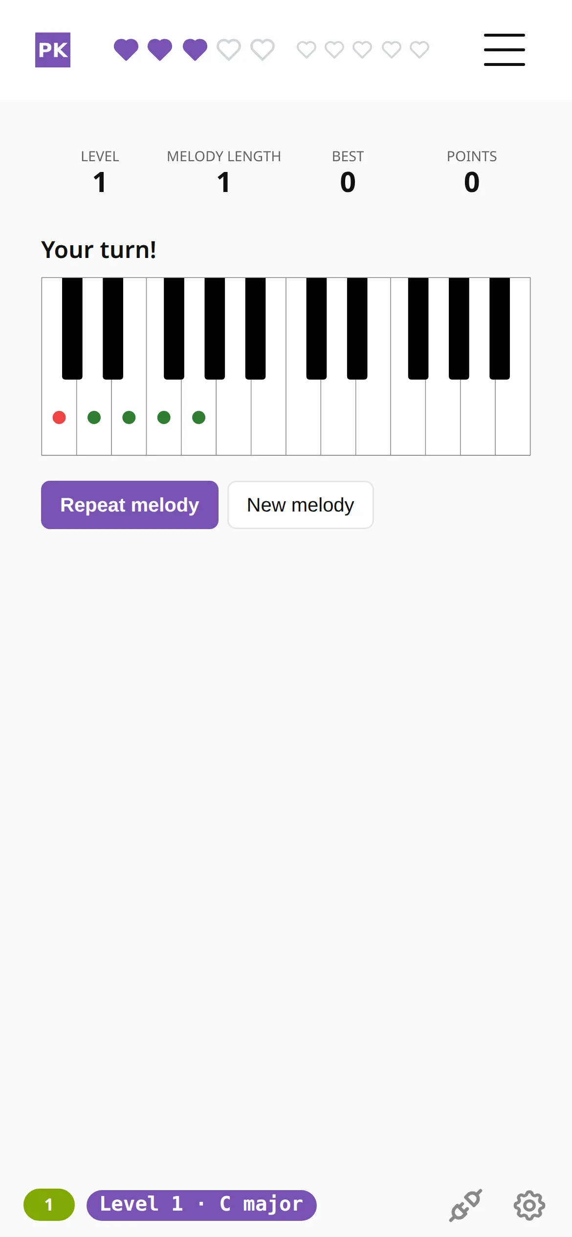 Listen and repeat on a phone: the hearts in the top bar, the four counters, the message Your turn! above a two-octave keyboard, and the buttons Repeat melody and New melody.