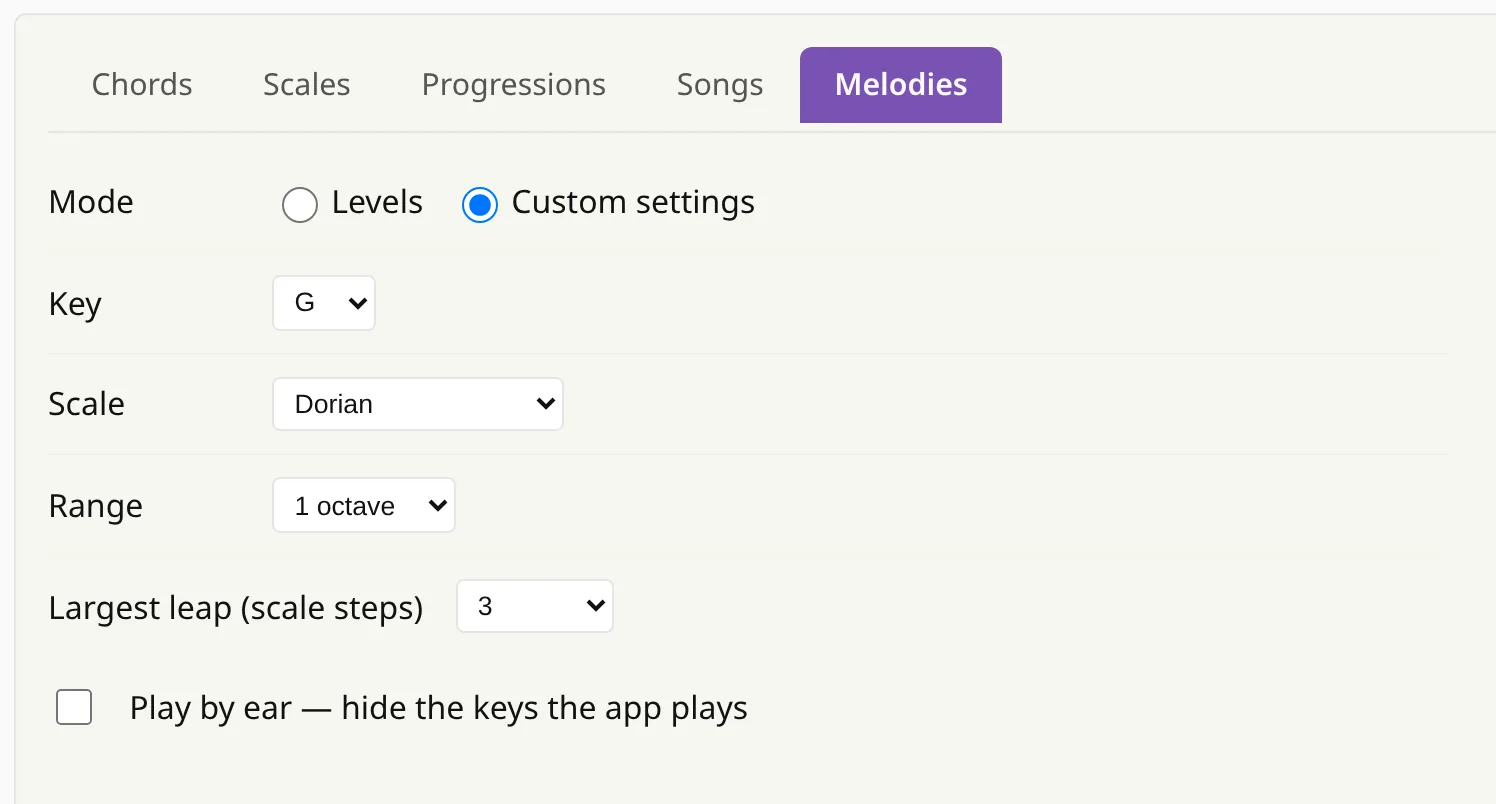 The Melodies tab of Preferences with Custom settings chosen: key G, scale Dorian, range 1 octave, largest leap 3 and Play by ear switched off.