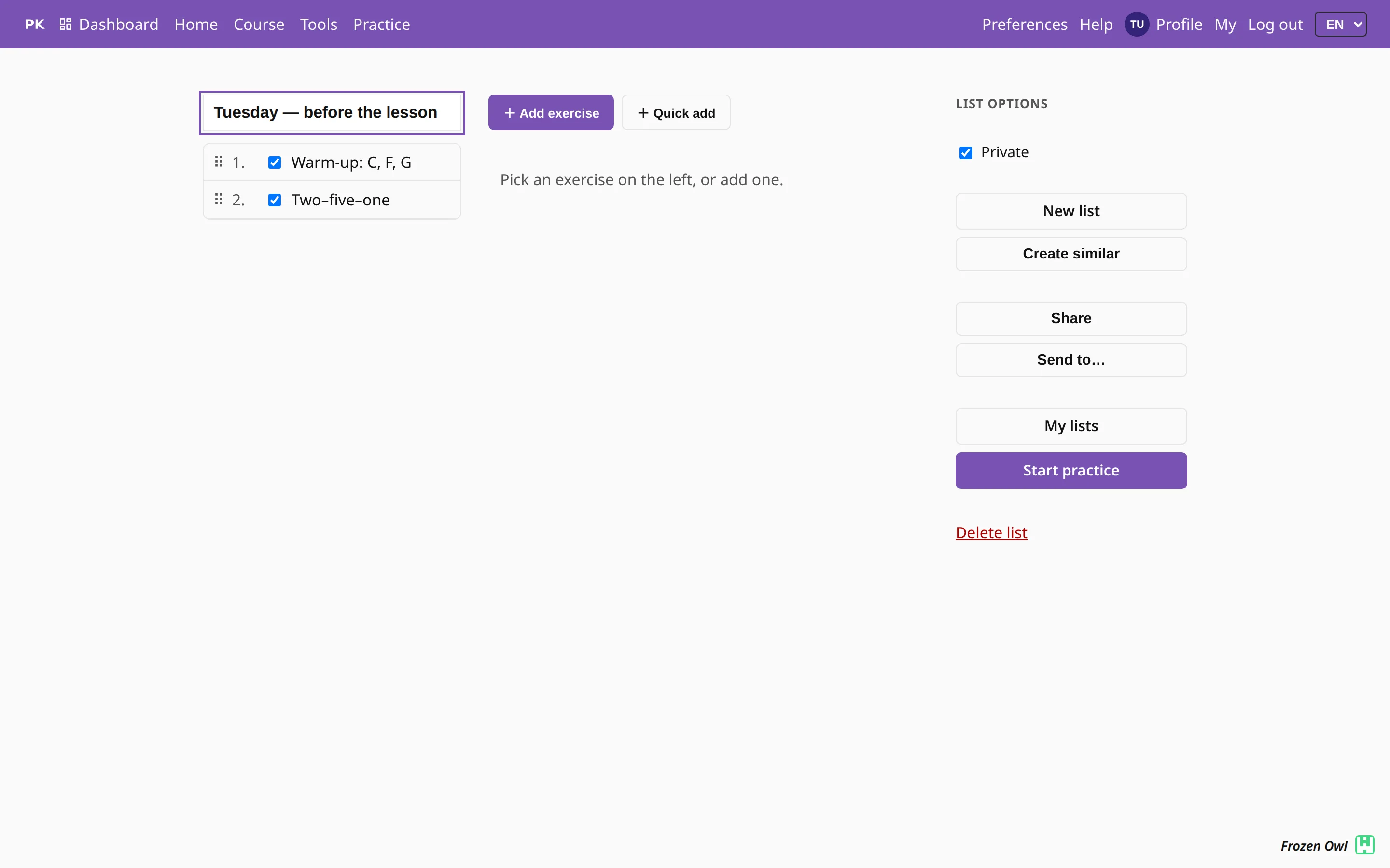 The list editor with items, labels and ordering controls.
