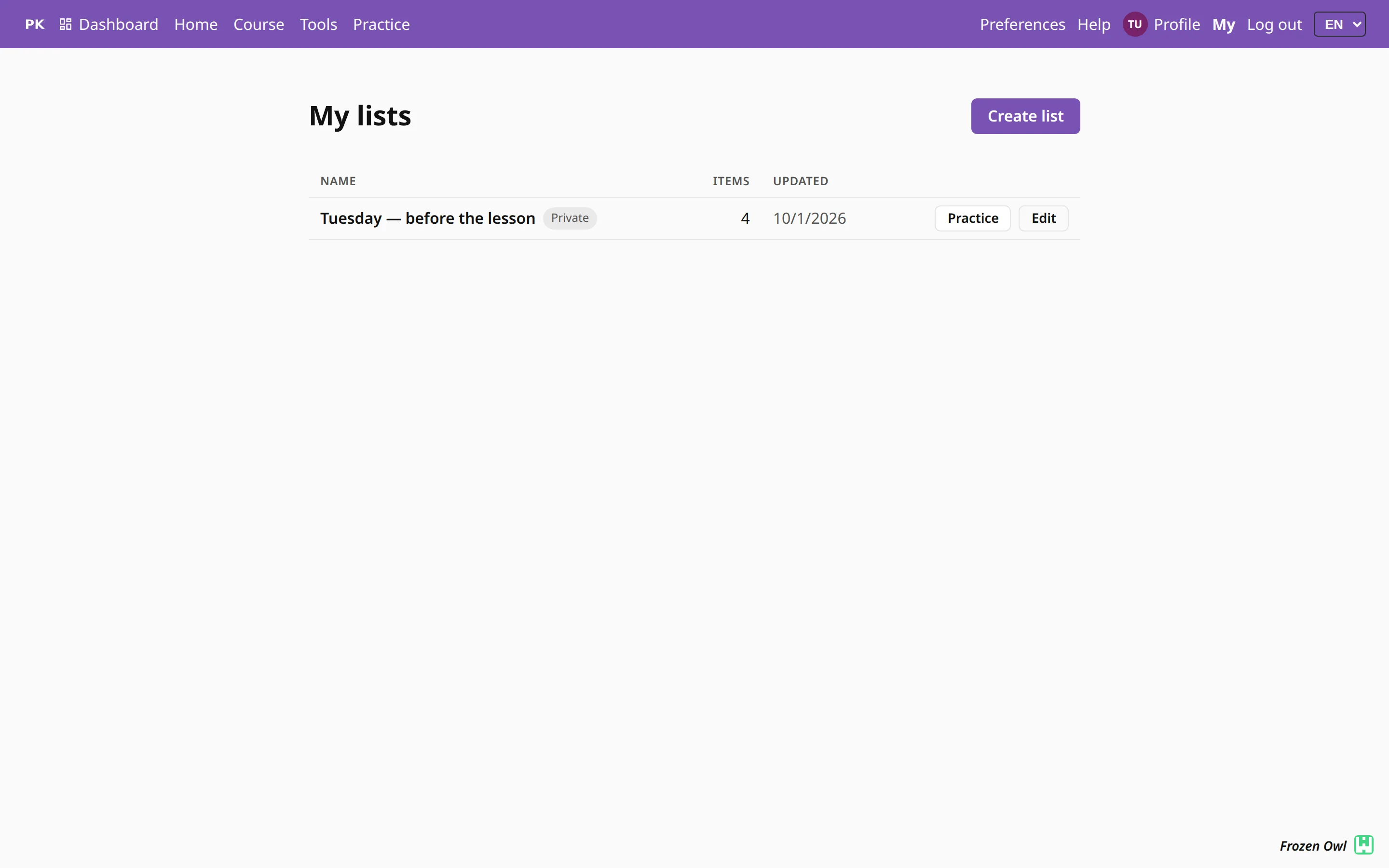 The page listing your exercise lists.