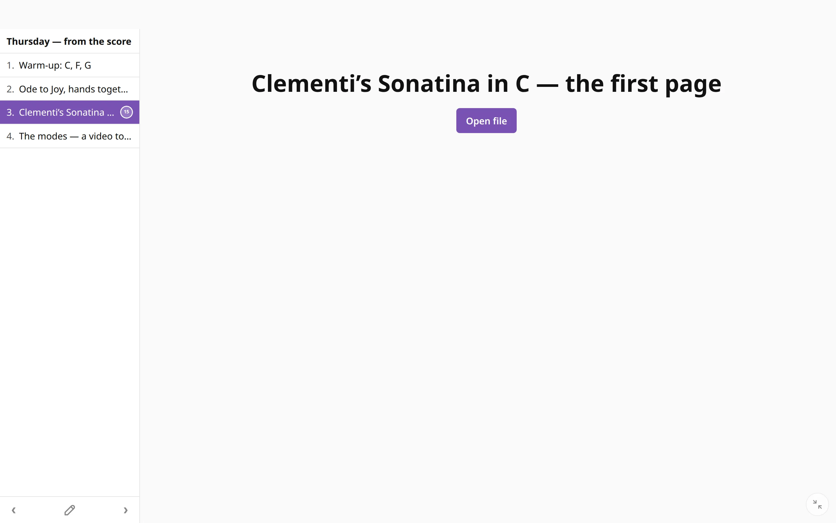 A list item with a PDF: the item’s name and an Open file button.
