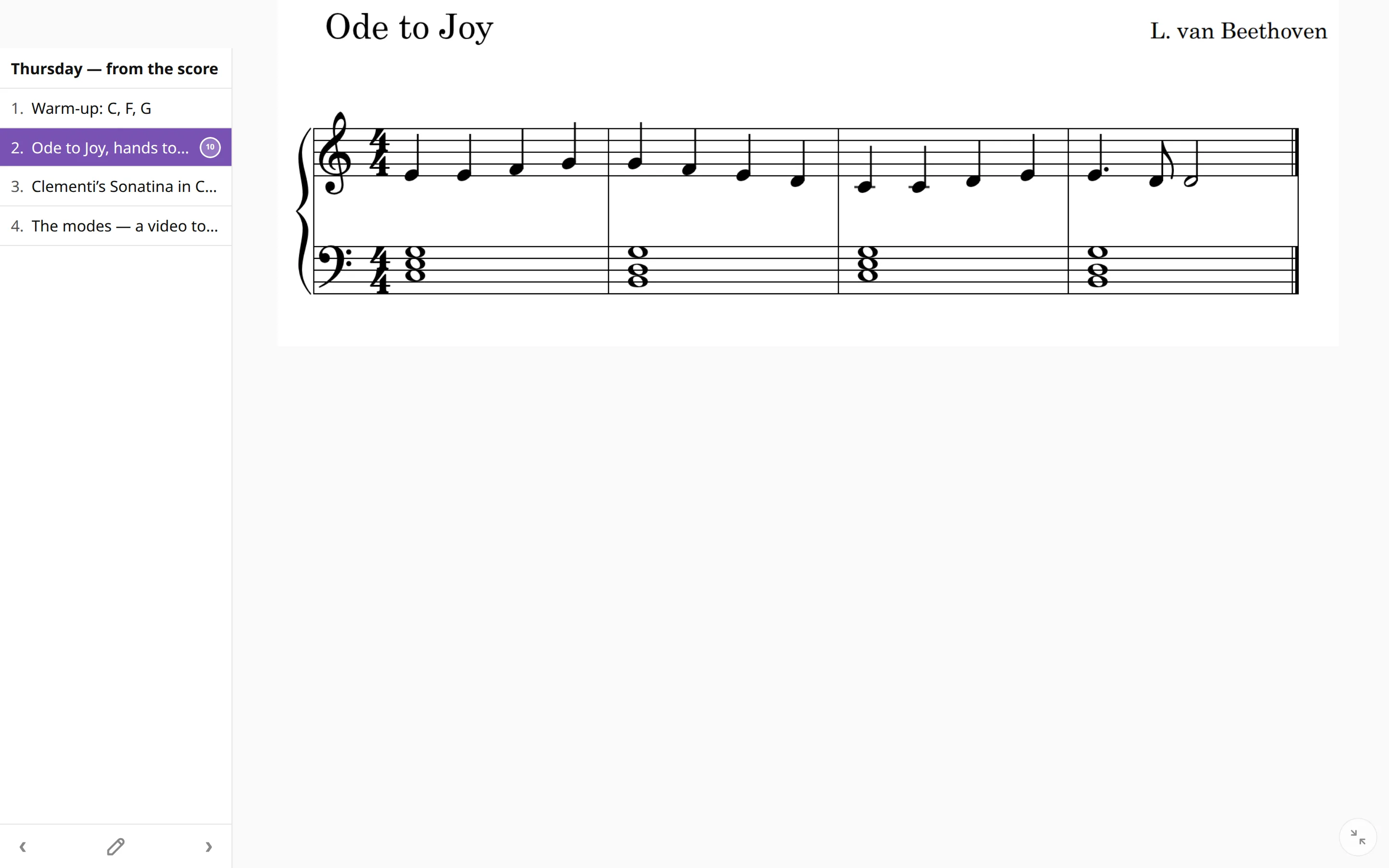 The practice screen in list mode, with the first bars of Ode to Joy filling the middle and the list down the side.
