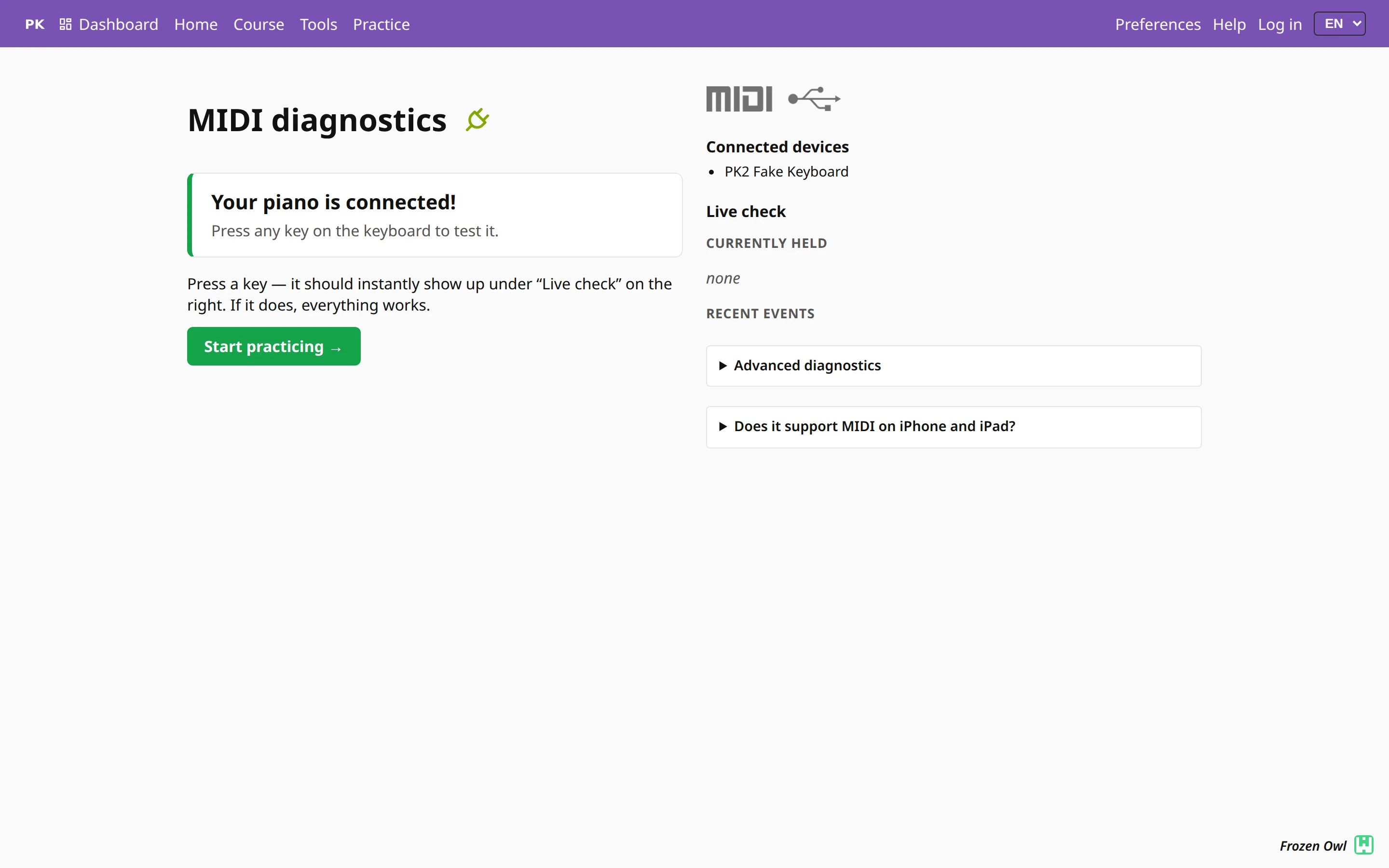 The MIDI diagnostics page showing a connected device.