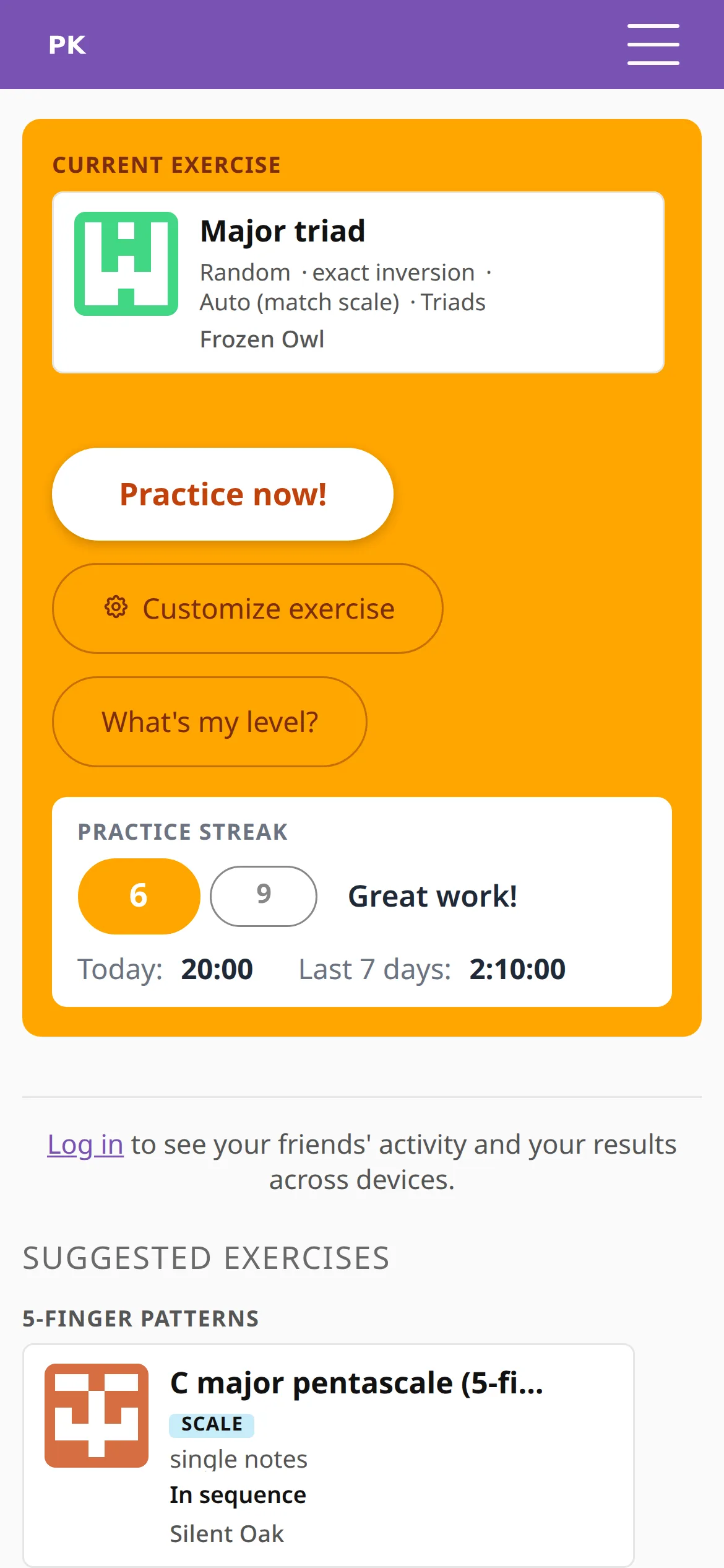 The dashboard on a phone: the practice CTA, the streak and the suggestion cards stacked.