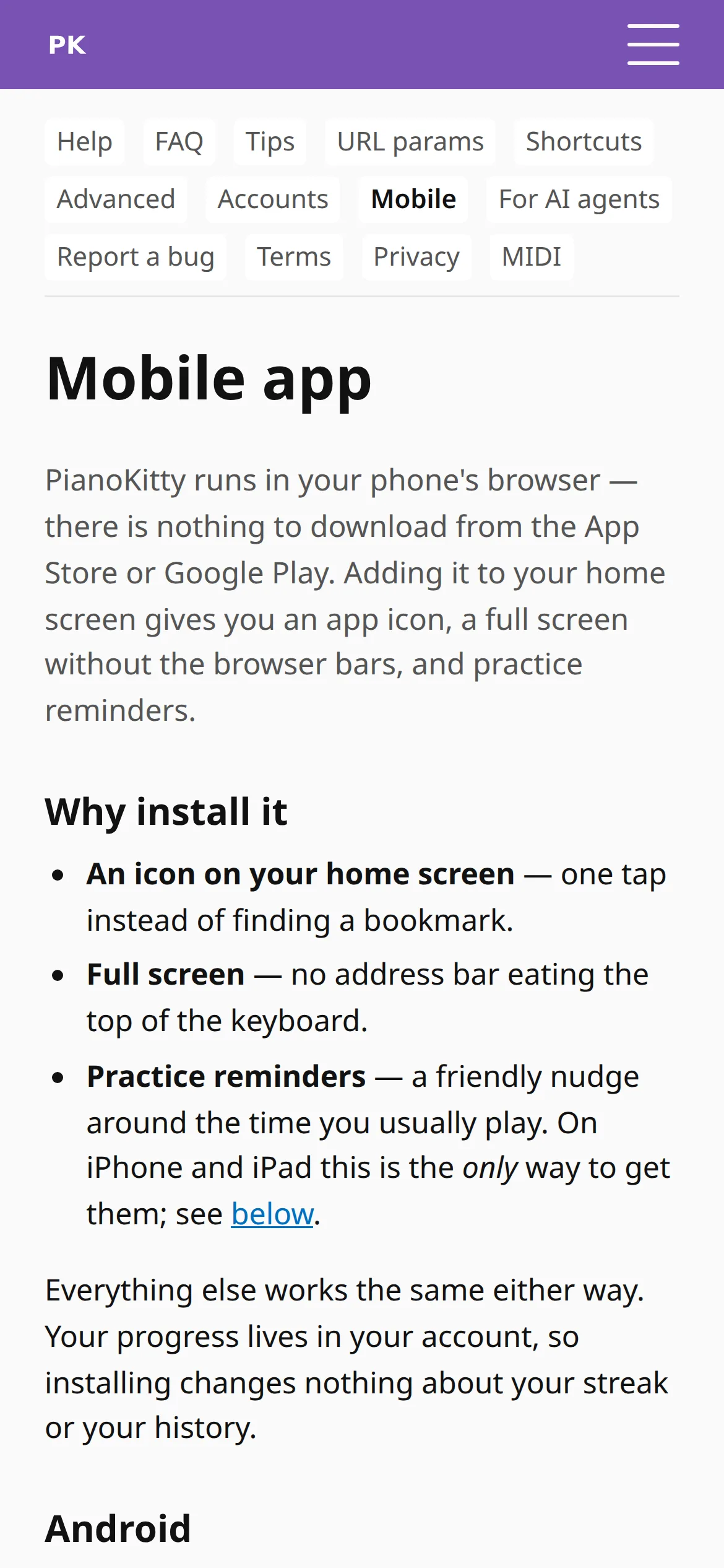 The mobile help page explaining how to add the app to the home screen.