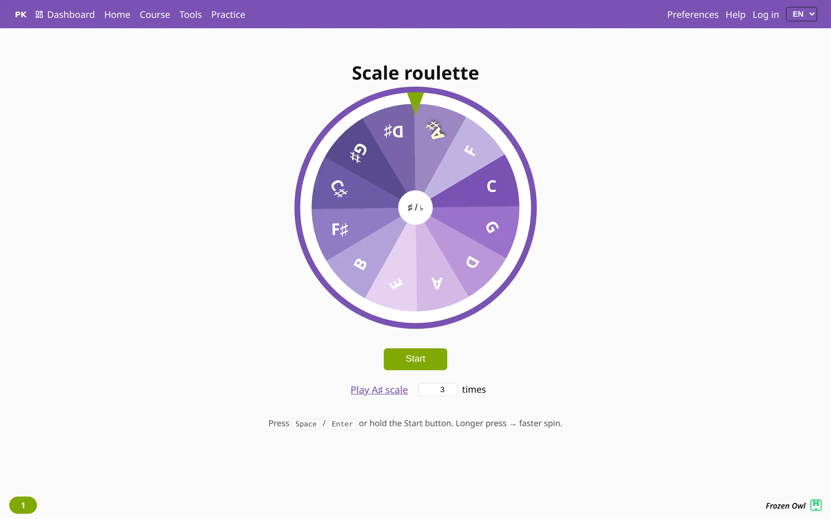 The scale roulette after a spin: the wheel of twelve keys with one highlighted, and a link to play that scale.