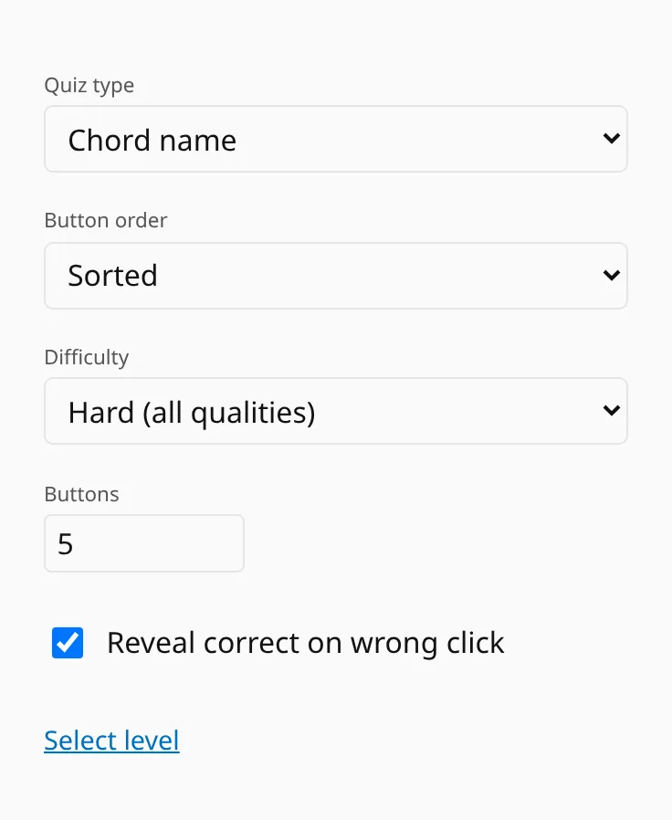 The naming settings: quiz type, difficulty, button count, sort order, reveal on wrong.