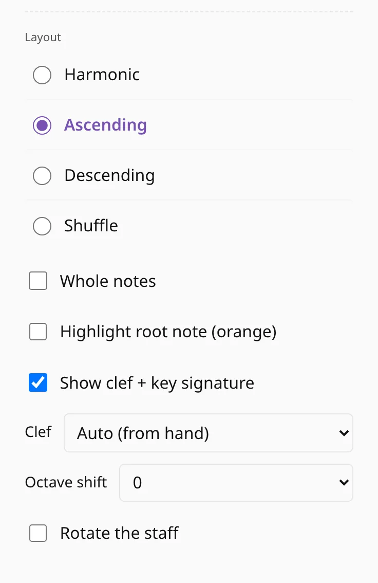 The notation settings: layout (harmonic, ascending, descending, shuffle), whole notes, root highlight.