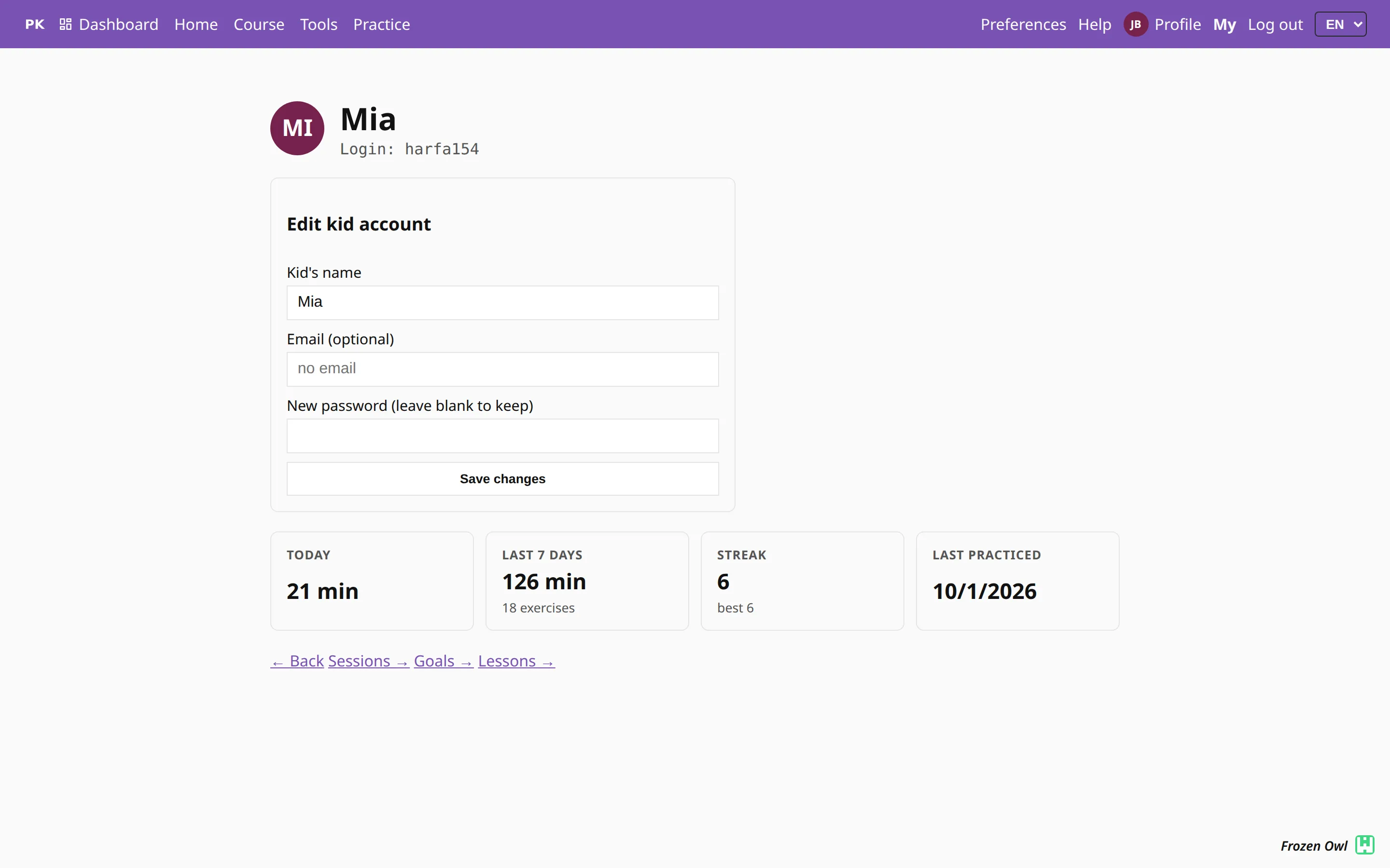 A kid account's page: the login, a form to edit the name, email and password, this week's minutes, the streak and the last practice, and links to sessions, goals and lessons.