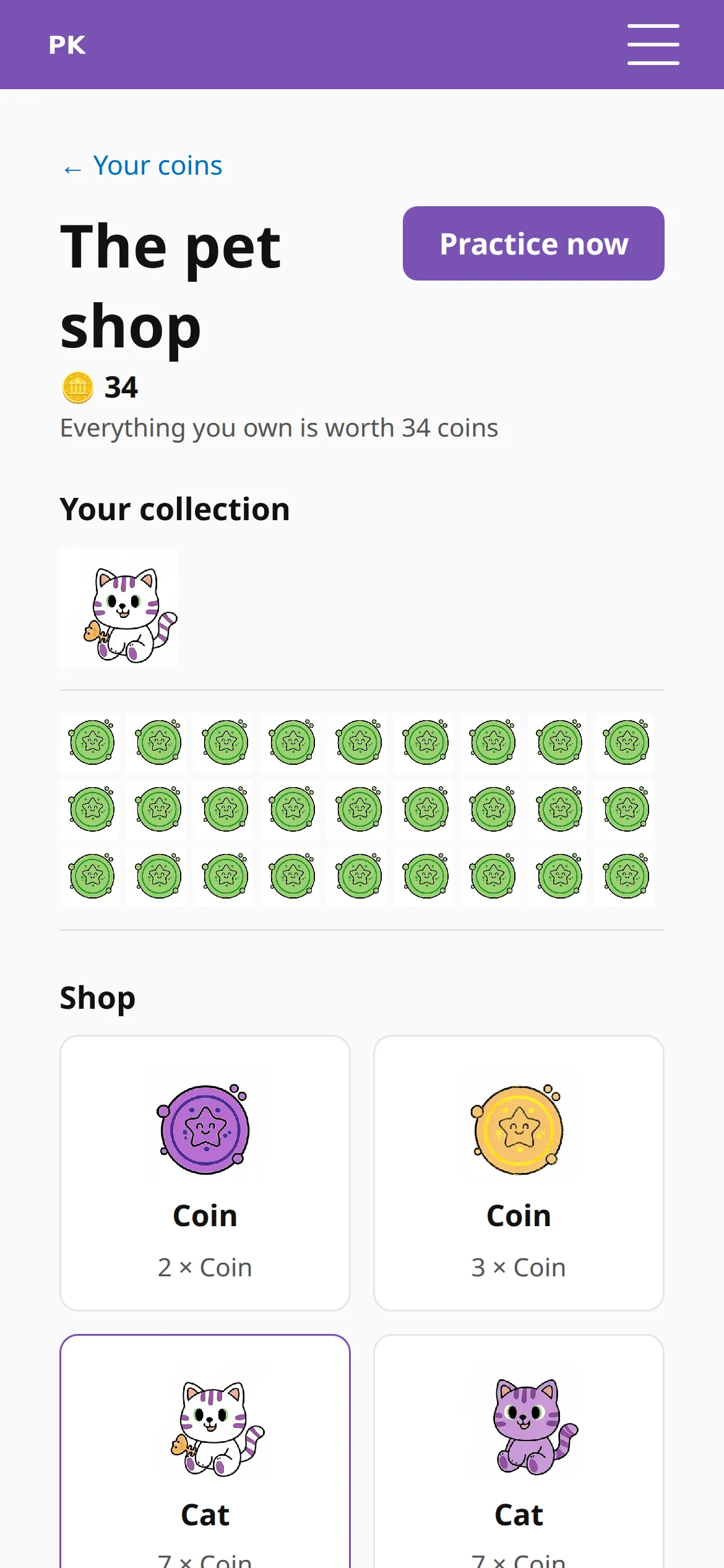 The pet shop on a phone, with one cat in the inventory.
