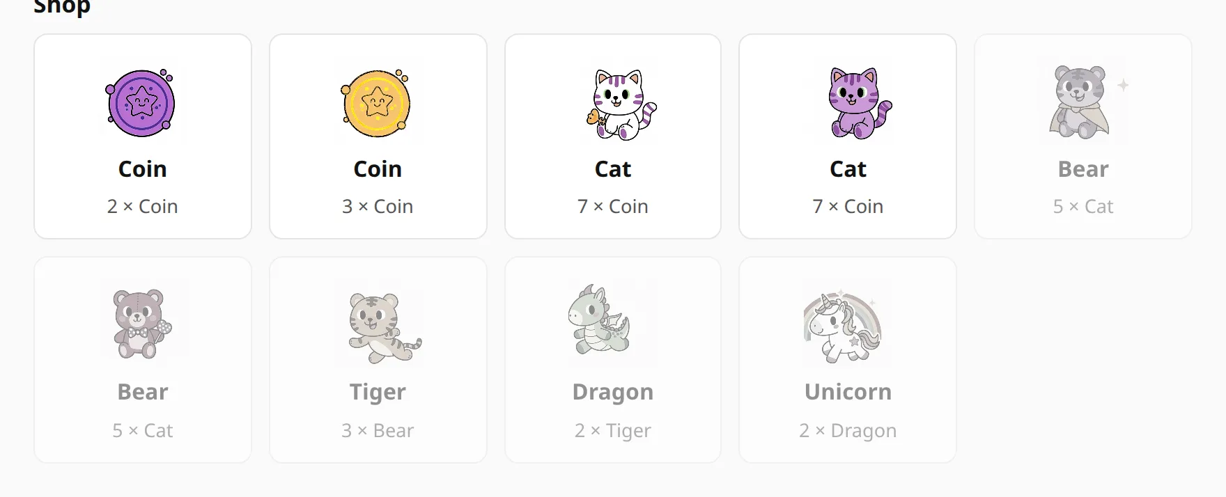 The shop grid: coins, cats, a bear, a tiger, a dragon and a unicorn, each with a price.