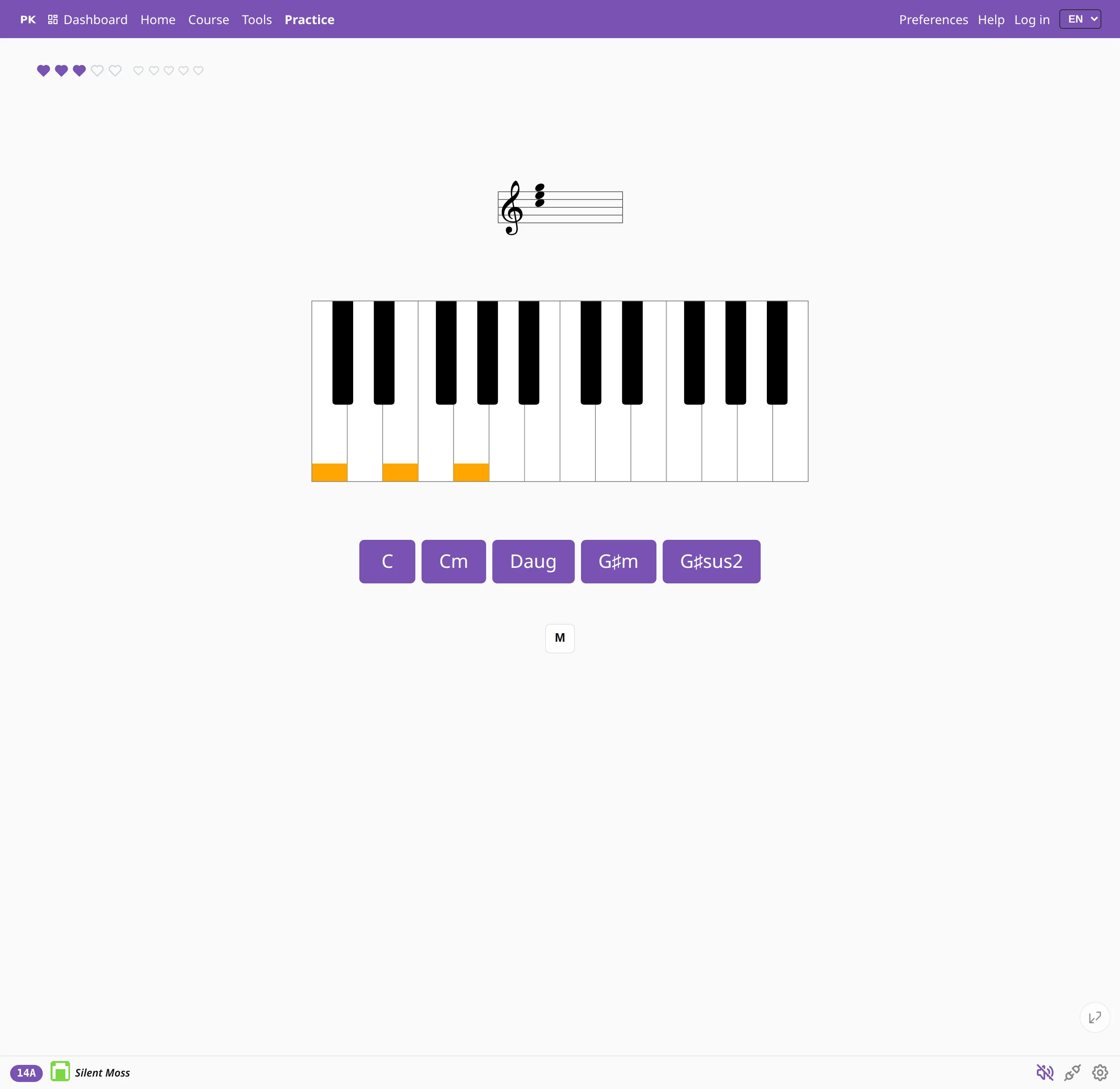 Naming mode with the chord printed on a staff and answer buttons below.