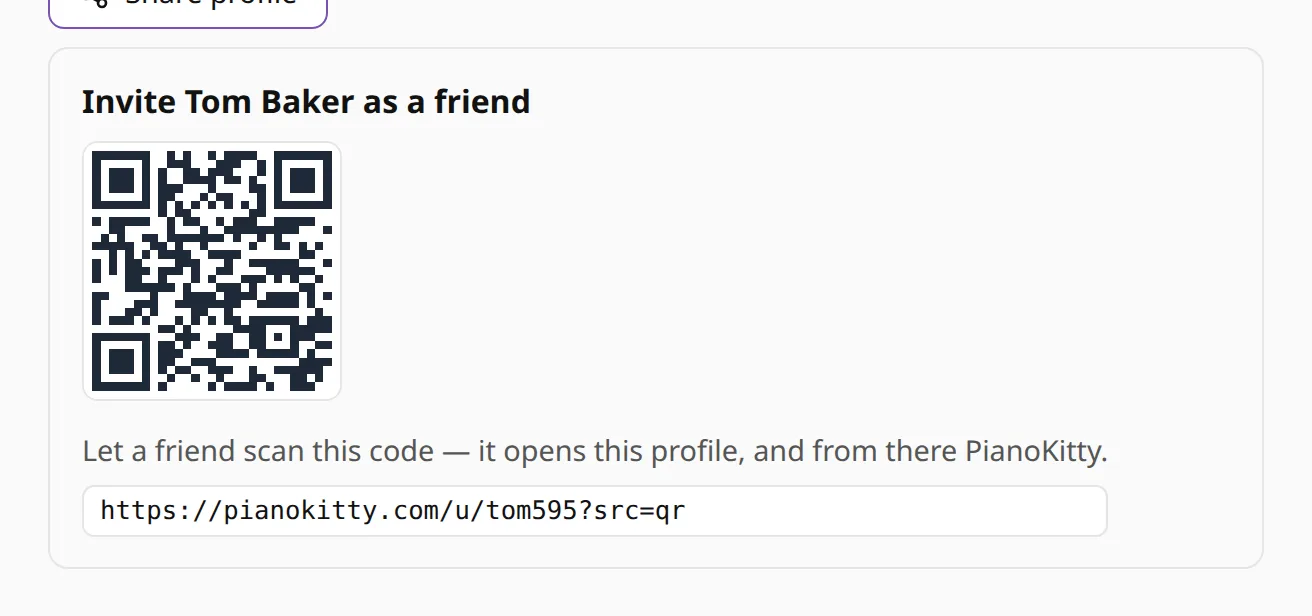 The share panel of a profile: “Invite Tom Baker as a friend”, a QR code and the profile’s address.